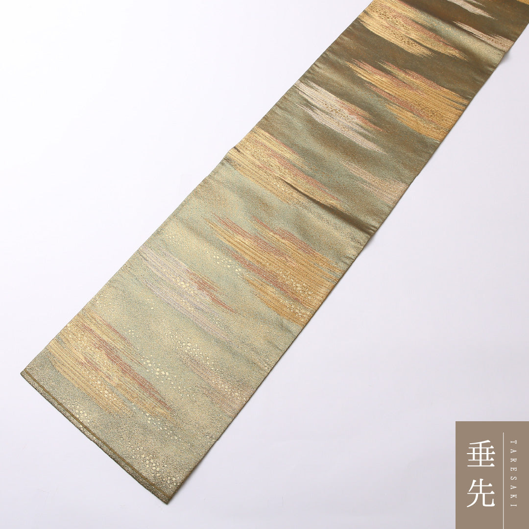 袋帯 帯丈432cm 正絹 六通 セミフォーマル 金霞 砂子 金系 緑系 1243-01497