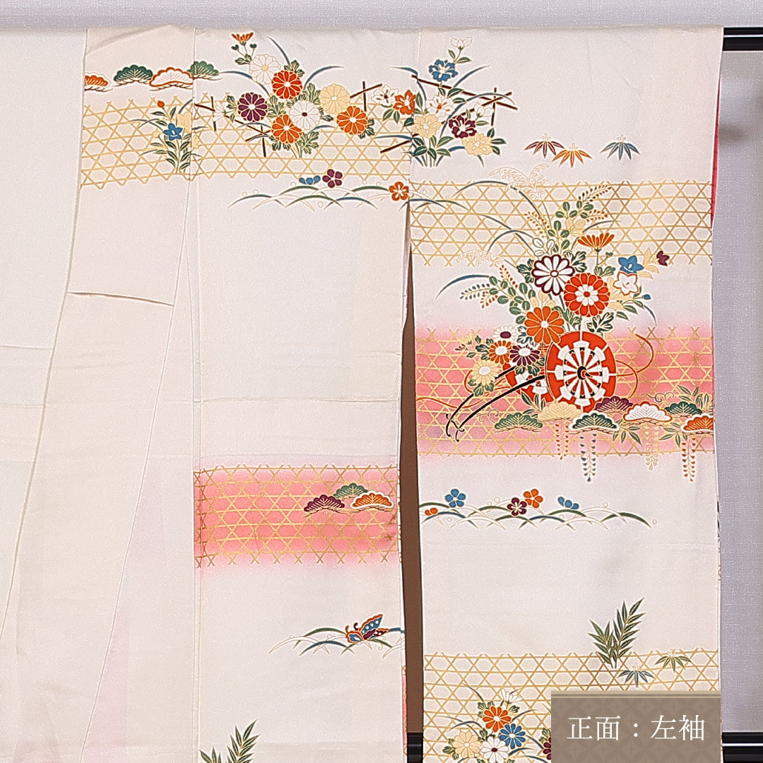 振袖 身丈161cm 裄丈64cm 袷 正絹 Sランク 広衿 笠松 花車 流水 菖蒲 籠目 1213-F0336