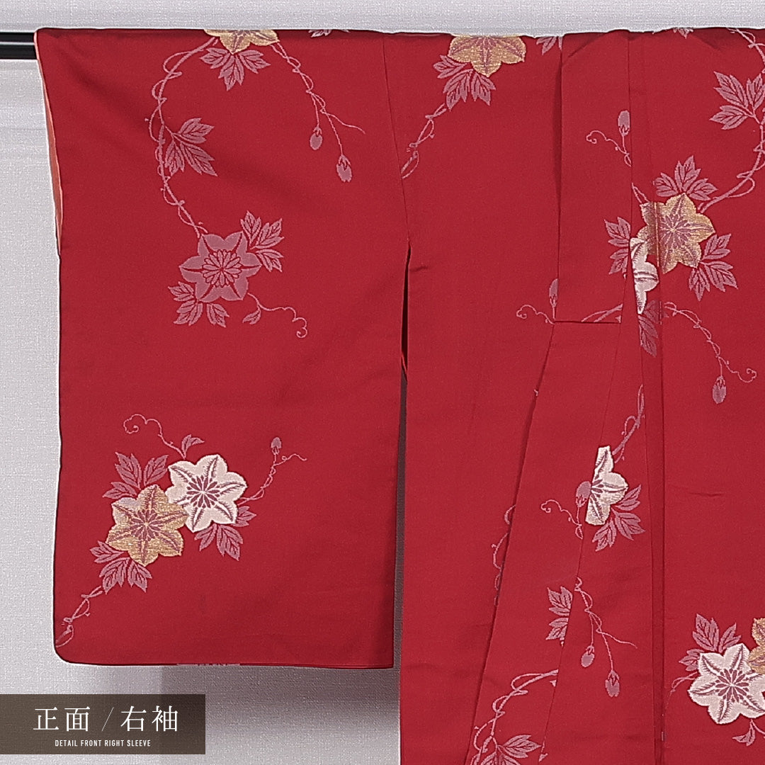 アンティーク お召 袷 身丈149cm 裄丈63cm 正絹 Bランク バチ衿 XSサイズ 鉄線 葛 赤系 M4 1222-11395