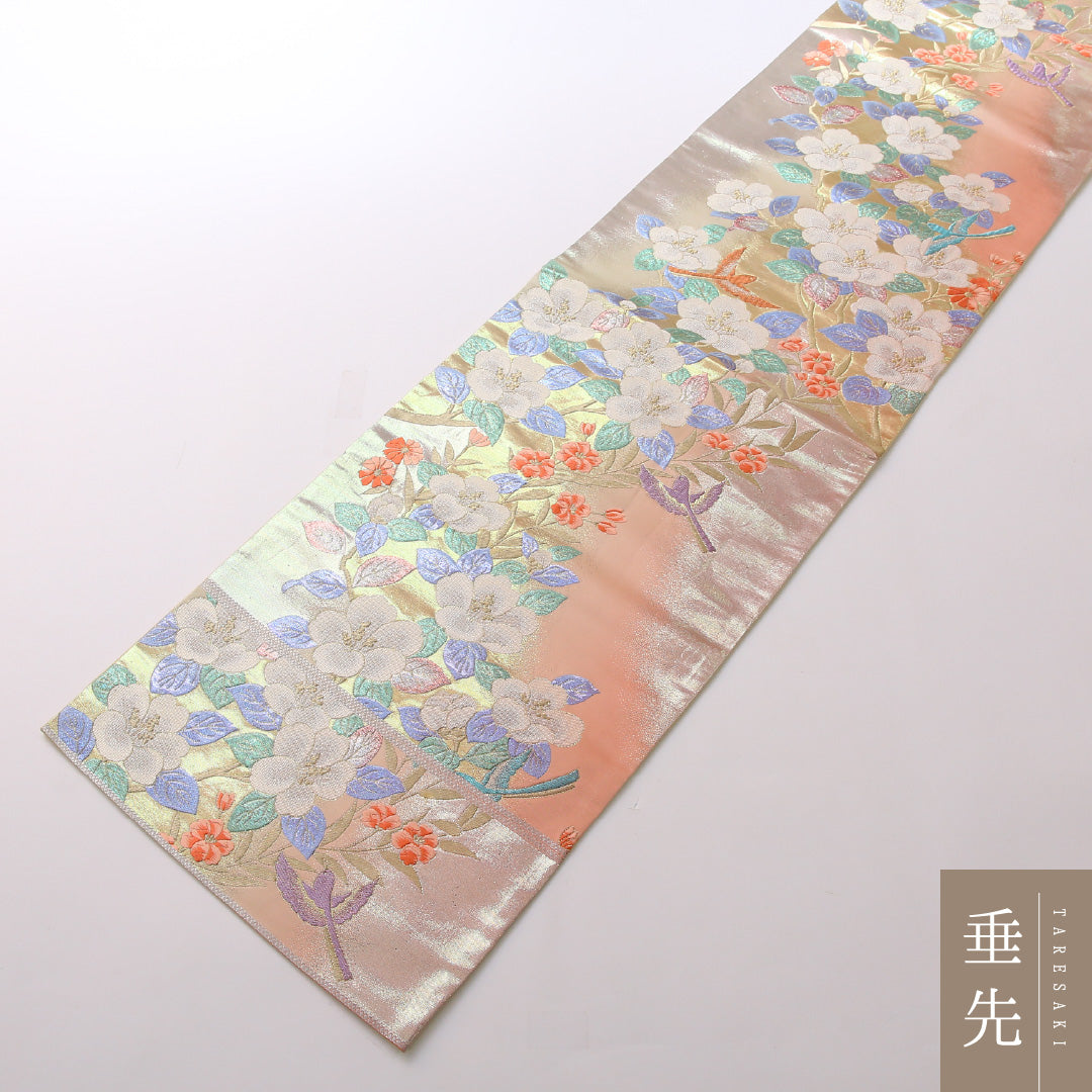 袋帯 帯丈424cm 六通 セミフォーマル Sランク 正絹 椿 写実的 気品 ピンク系 1223-01657