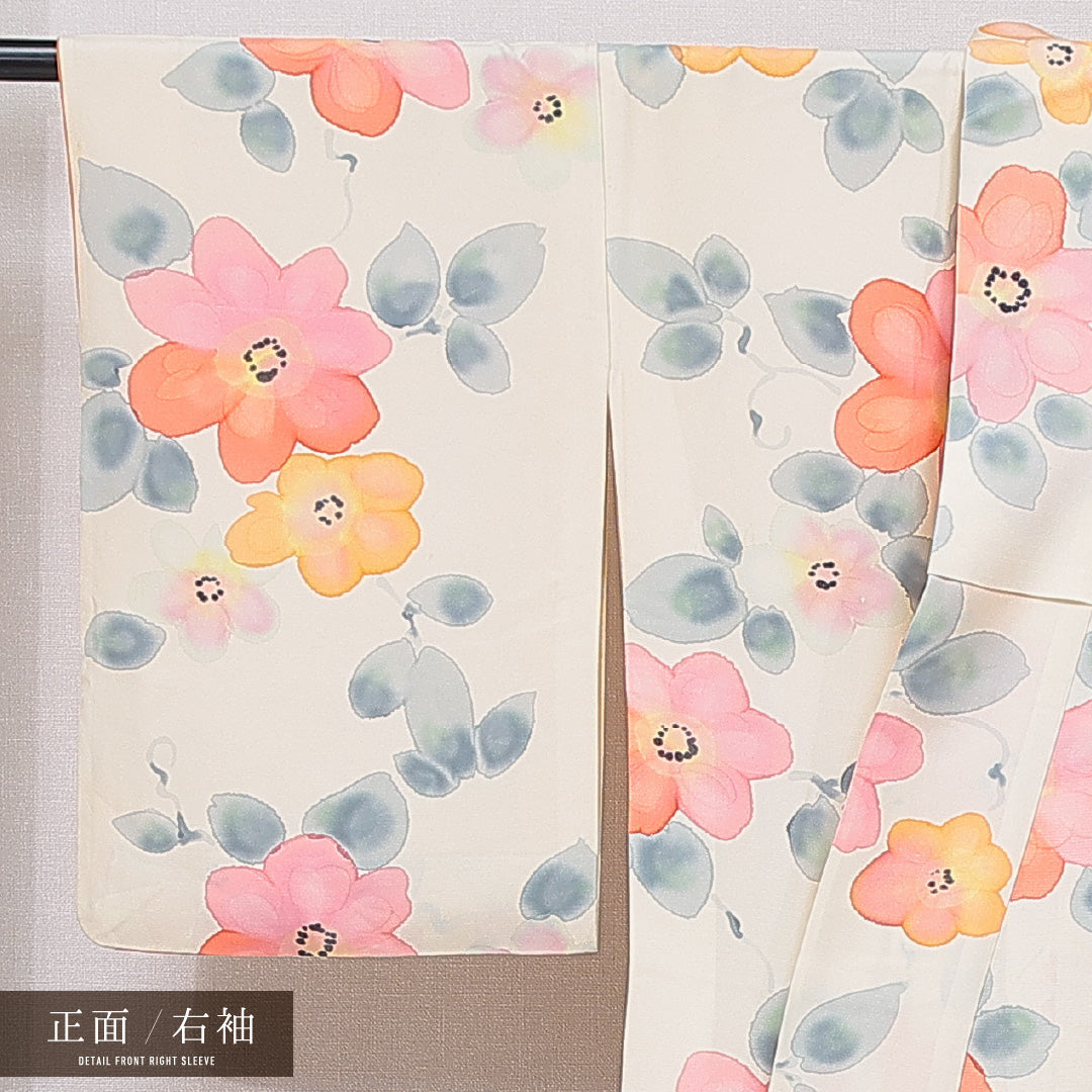 小紋 袷 身丈155cm 裄丈64cm 正絹 Cランク インフォーマル 広衿 Mサイズ 百合 クリーム系 HP 1221-15632