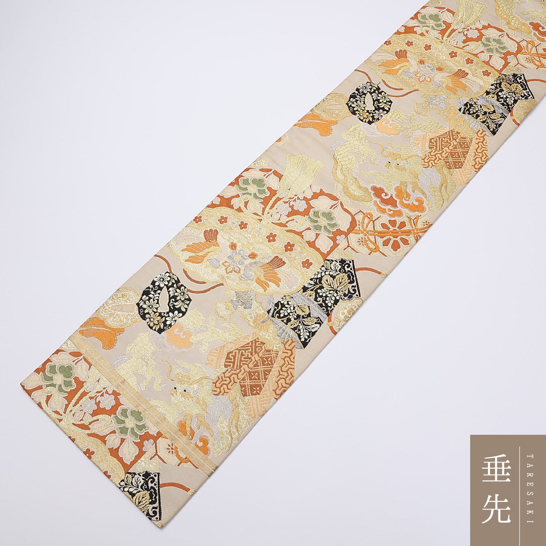 アンティーク 丸帯 帯丈400cm 正絹 全通 唐織 龍 丸文 金系 1242-00896