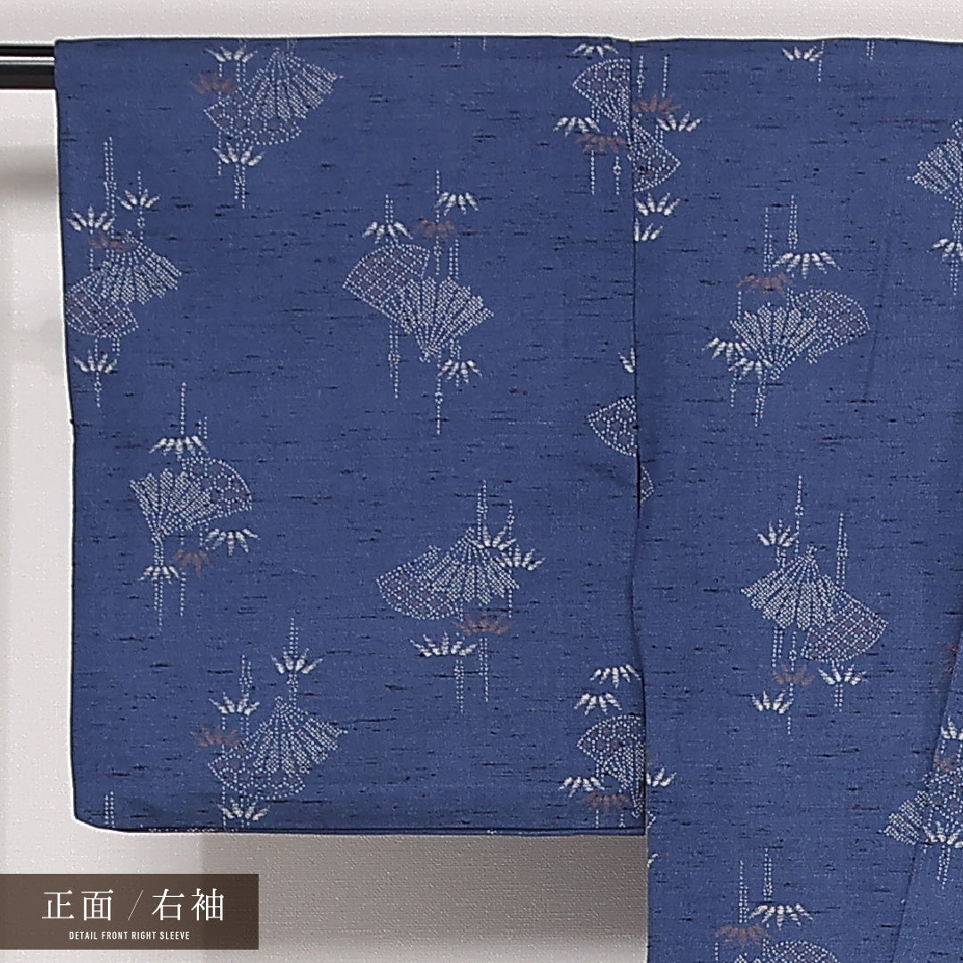 夏物 洗える着物 紬 夏物 身丈148cm 裄丈64cm ポリエステル Aランク カジュアル バチ衿 XSサイズ 居敷当て 扇 笹 青系 RP 1223-13295