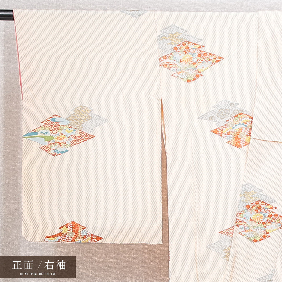 小紋 袷 身丈159cm 裄丈63cm 正絹 Sランク インフォーマル 広衿 Mサイズ 松皮菱 吉祥文様 ベージュ系 RP 1221-14884