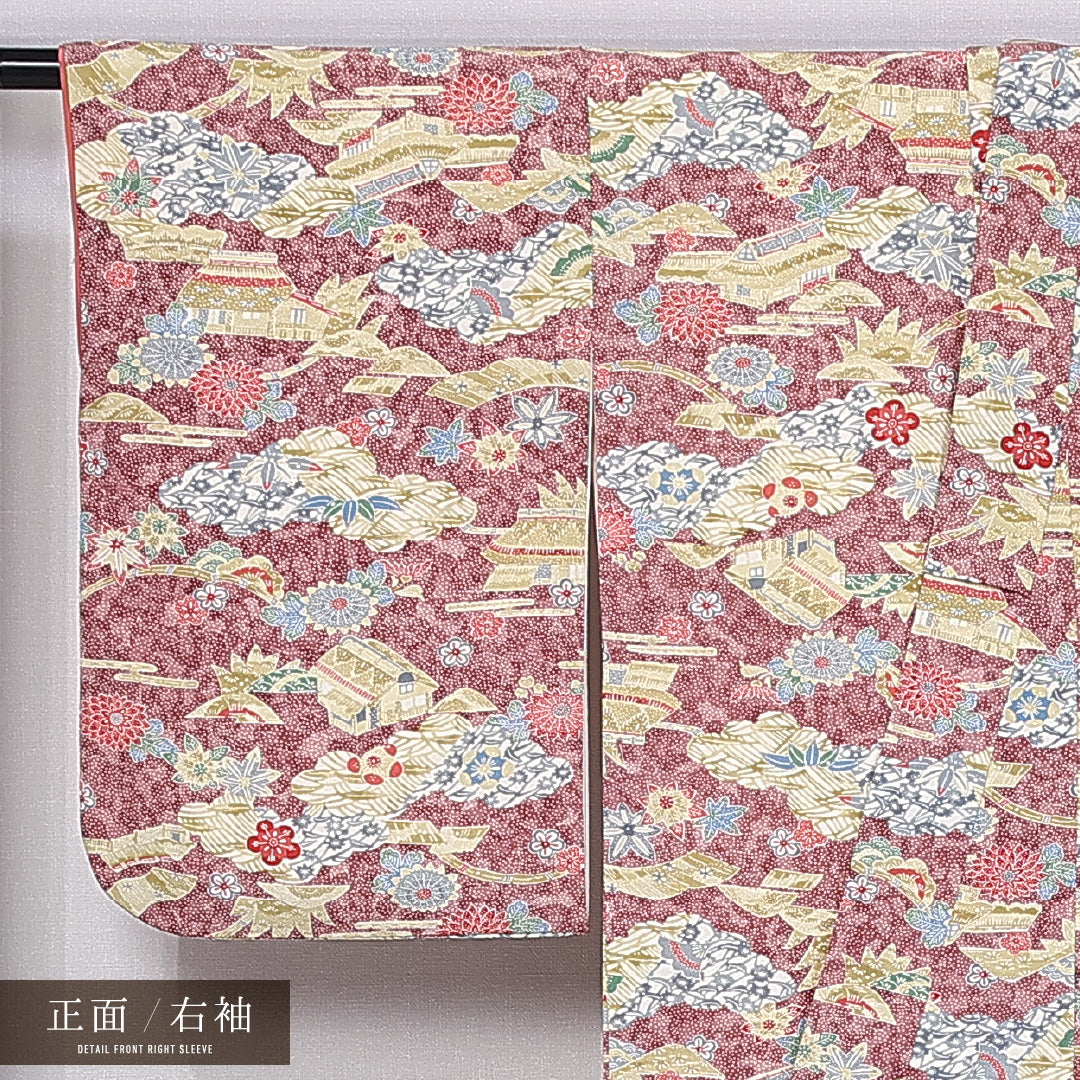 小紋 (ちりめん) 袷 身丈155cm 裄丈63cm 正絹 Sランク インフォーマル バチ衿 Mサイズ 茶屋辻 ちりめん 紫系 RP 1221-11259
