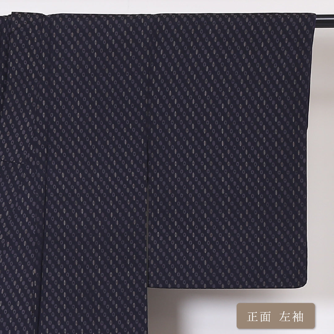 小紋 袷 身丈149cm 裄丈60cm 正絹 Sランク インフォーマル バチ衿 XSサイズ 幾何学柄 紺系 RP 1221-01935