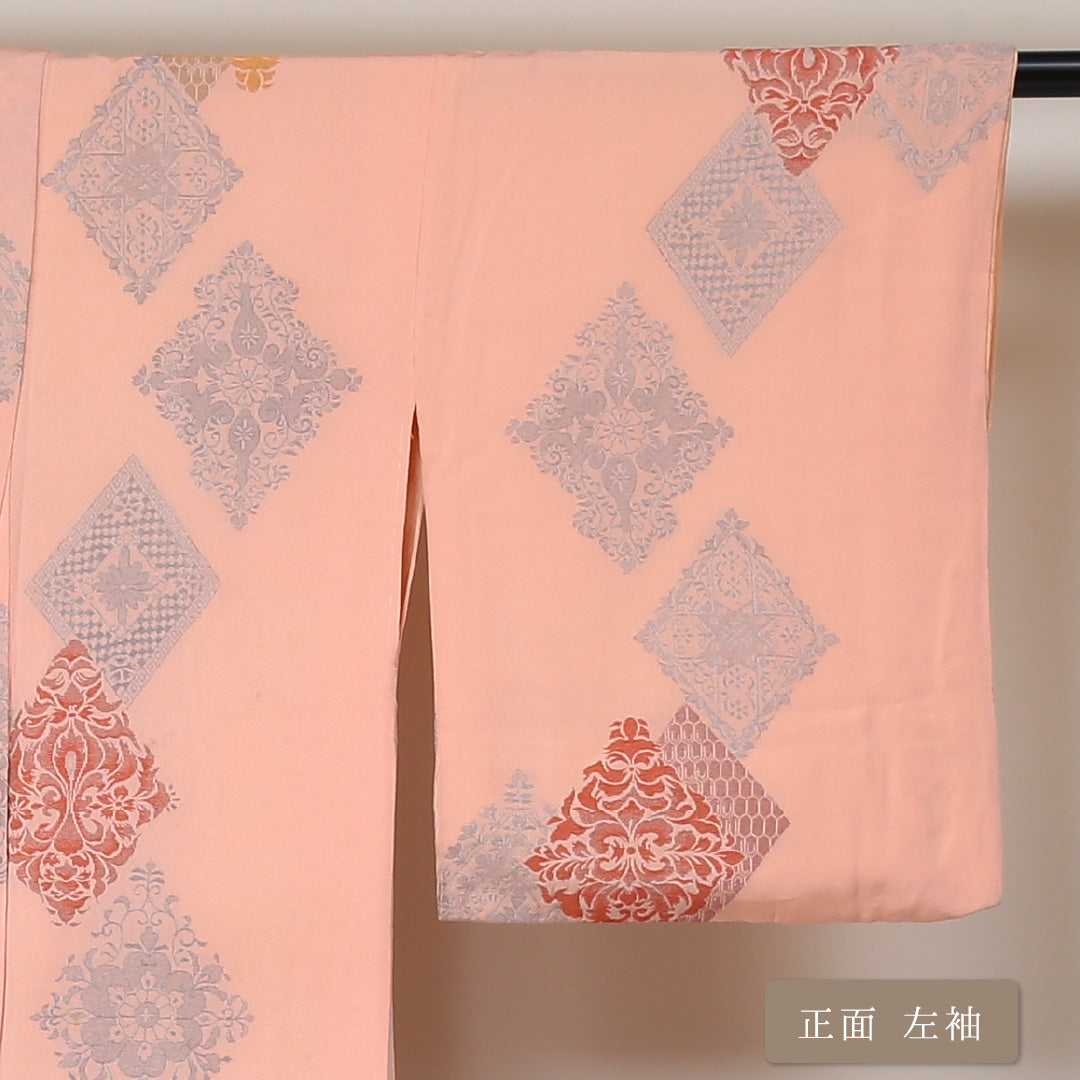 小紋 袷 身丈152cm 裄丈62cm 正絹 Cランク インフォーマル バチ衿 Sサイズ 幾何学柄 ピンク系 LP 1221-01452