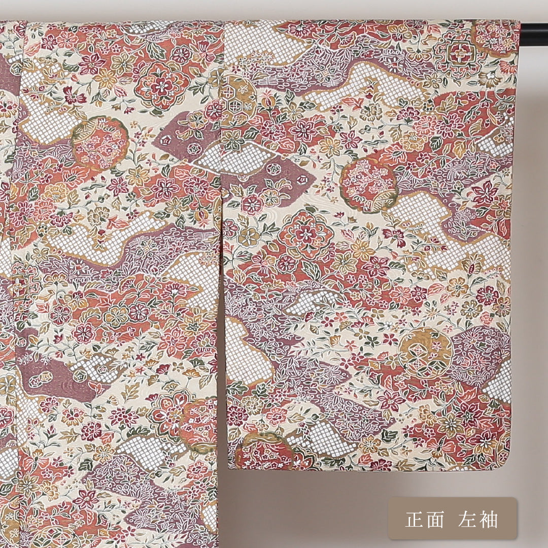 小紋 袷 身丈157cm 裄64cm クリーム系 古典柄 お正月 洗える着物 Sランク 1215-01493-2315