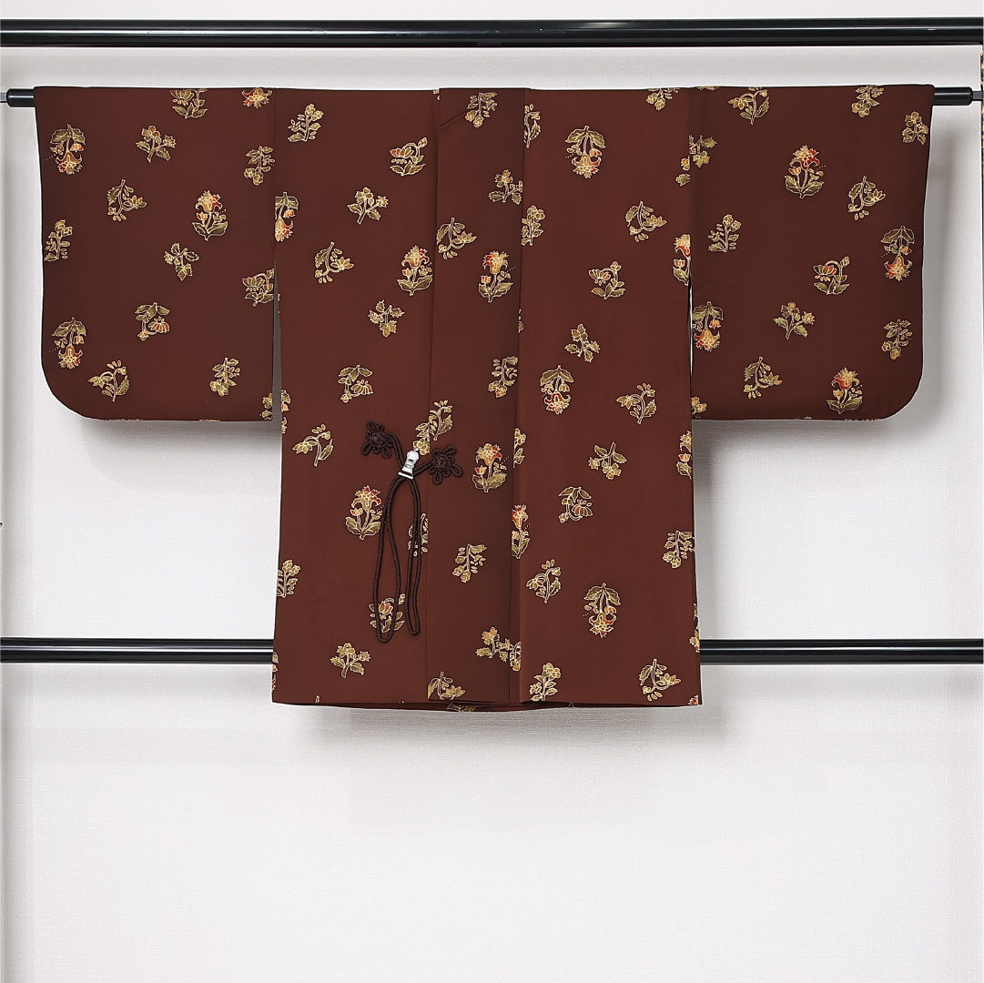 道中着 袷 身丈85cm 裄丈65cm 正絹 Bランク カジュアル Mサイズ 花柄 茶系 RP 1236-12907