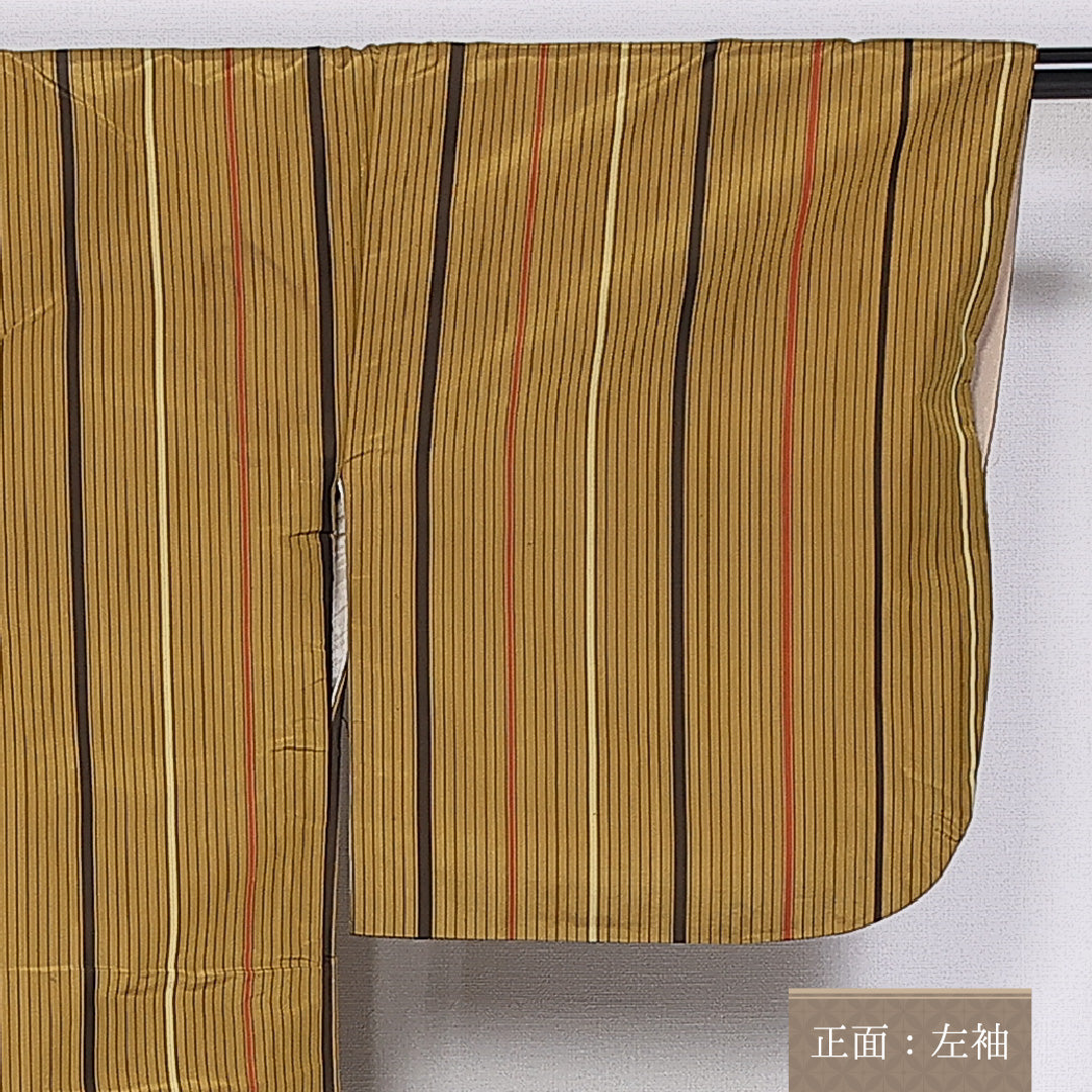 紬 袷 身丈151cm 裄丈60cm 正絹 Aランク カジュアル 広衿 Sサイズ 縞 茶系 RP 1223-10540