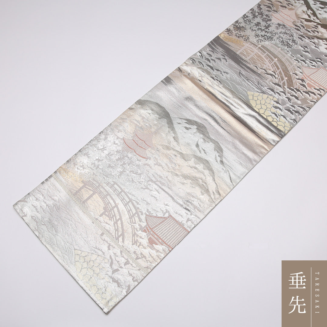 袋帯 帯丈432cm 六通 京洛百景 フォーマル セミフォーマル 緑系 正絹 Aランク 1223-01088