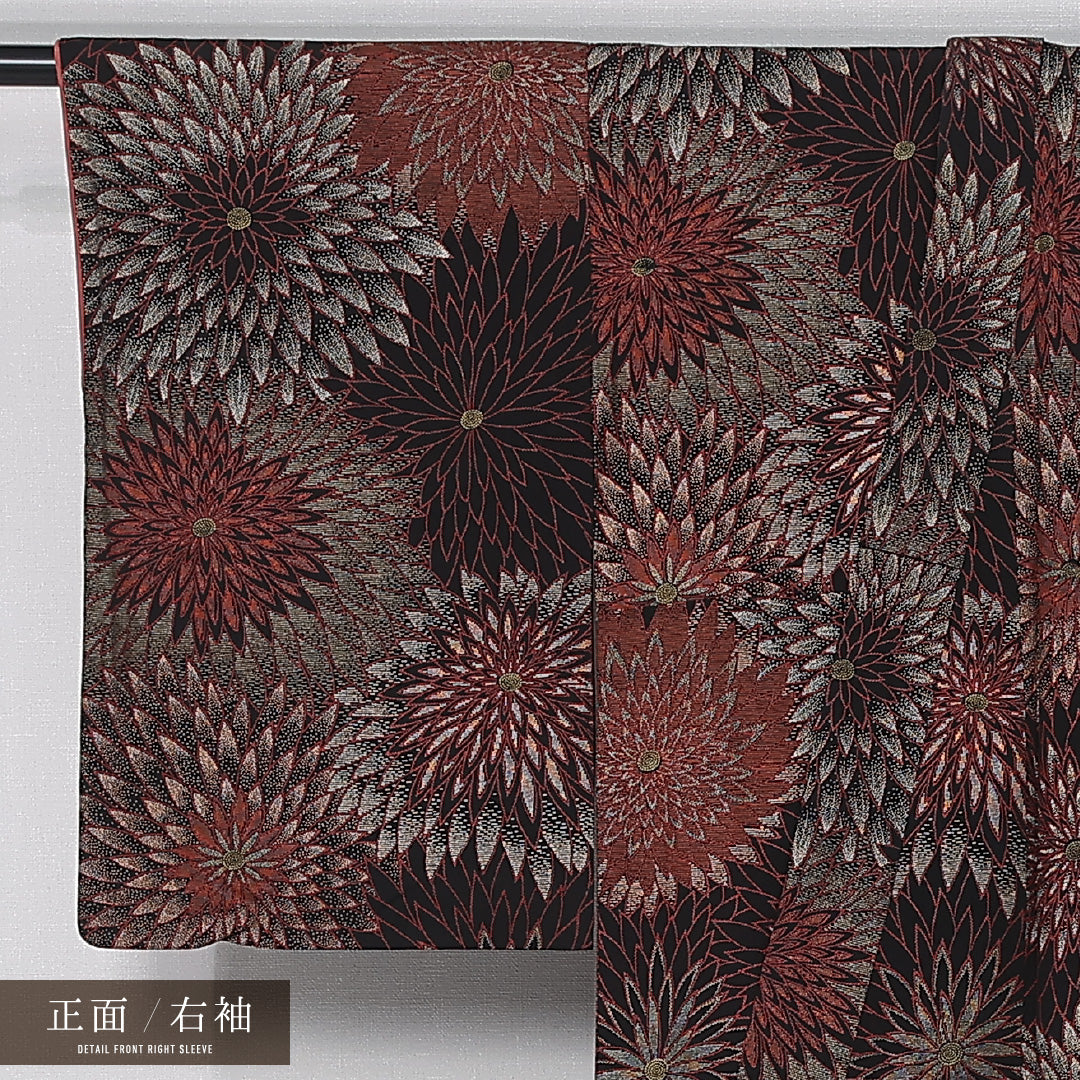 アンティーク 小紋 袷 身丈146cm 裄丈63cm 正絹 Aランク バチ衿 XSサイズ 菊 黒系 M4 1221-12036