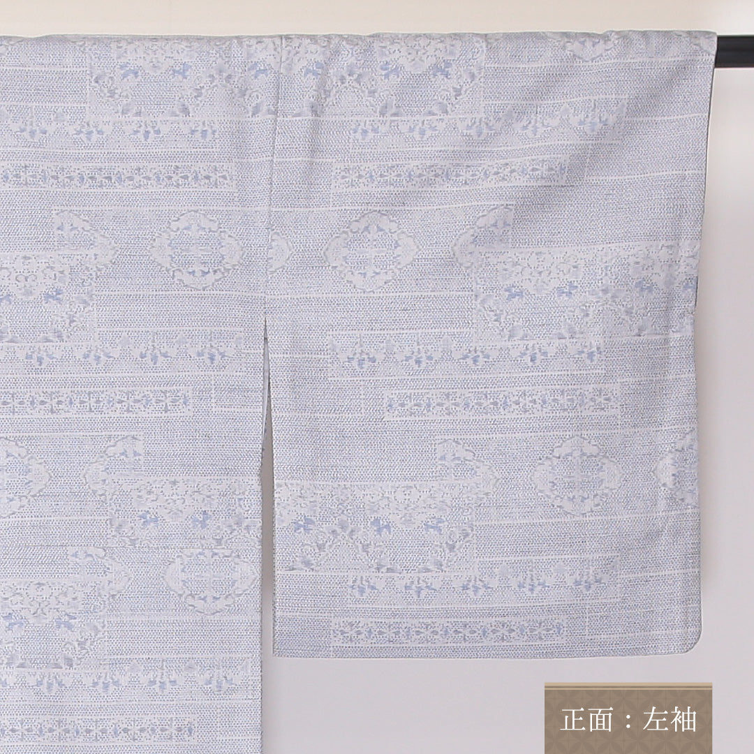 紬 袷 身丈159cm 裄66cm 正絹 真綿紬 アラベスク グレー系 Aランク 1216-01137