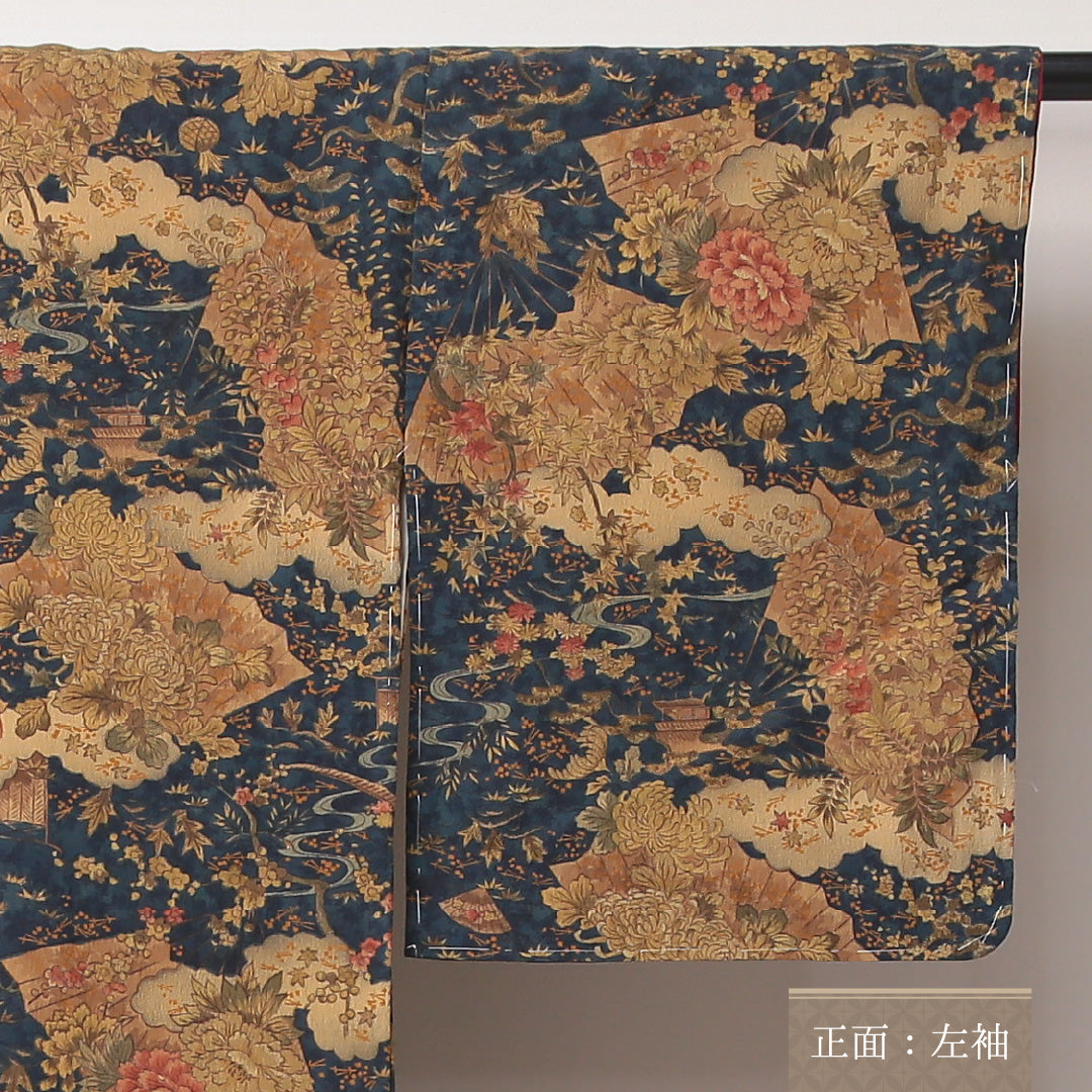 小紋 袷 身丈163cm 裄64cm 正絹 茶屋辻 芍薬や笠松 紺系 ちりめん Sランク しつけ糸 1215-02235