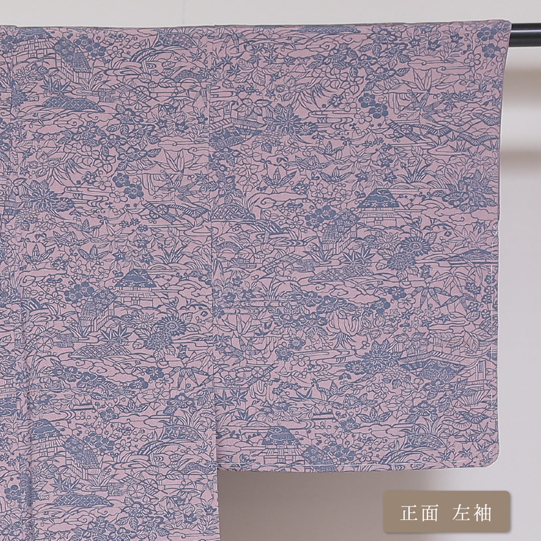 小紋 ちりめん 袷 身丈158cm 裄63cm ピンク系 茶屋辻 型染め 正絹 Sランク しつけ糸 1215-01770-2313