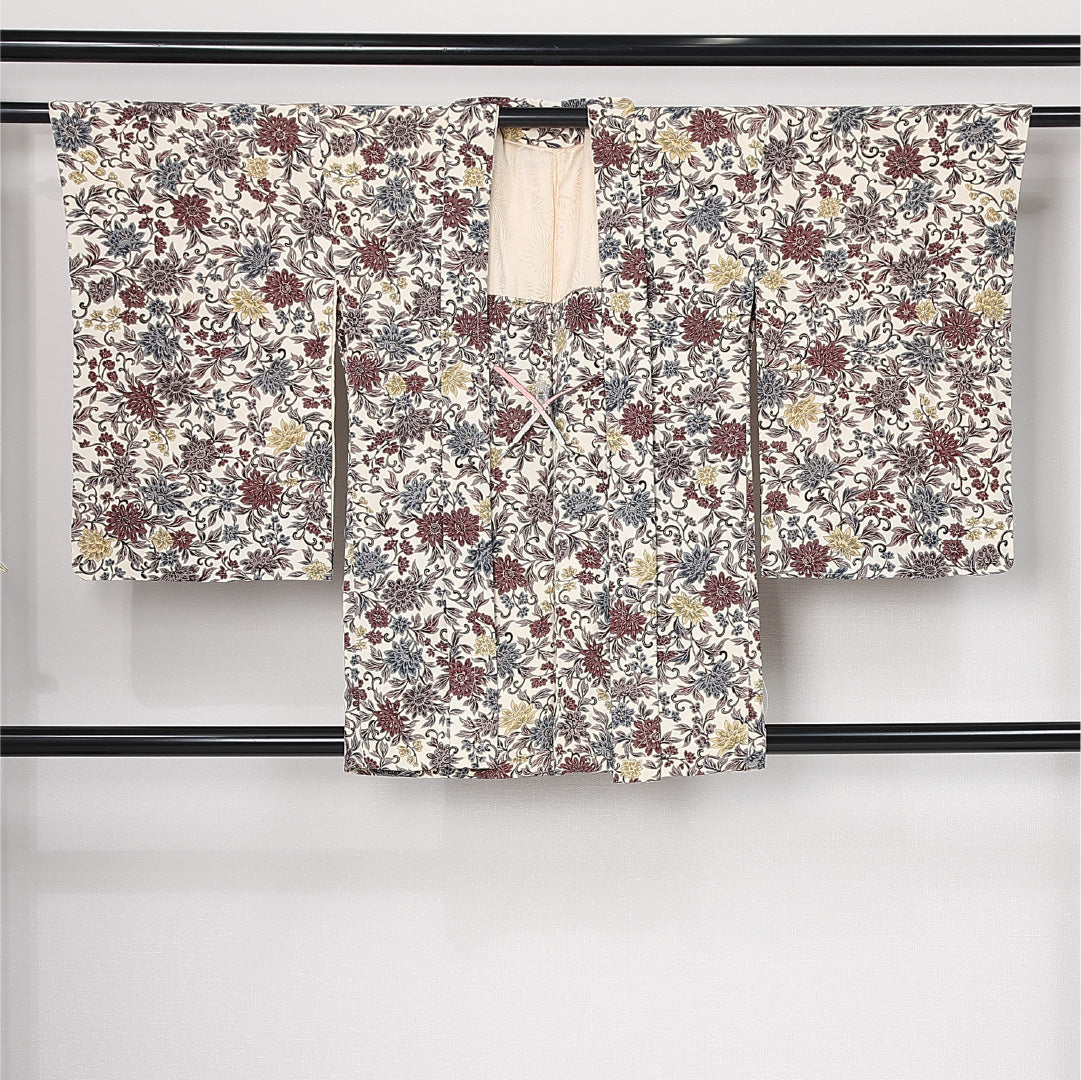 羽織 袷 身丈83cm 裄丈64cm 正絹 Sランク カジュアル Mサイズ 紐あり 唐草 菊 クリーム系 M4 1232-12614