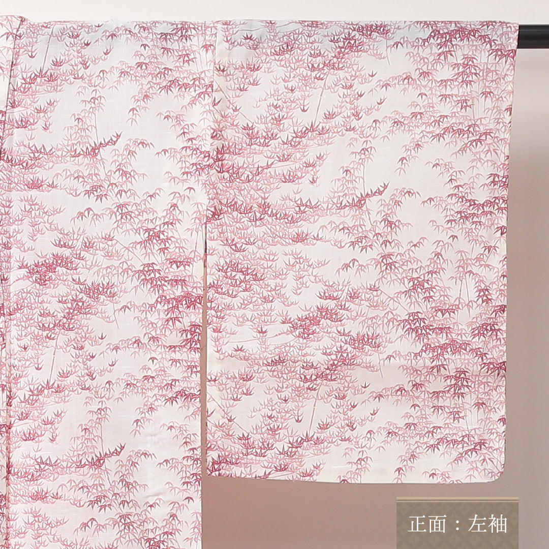 夏物 紬 夏紬 身丈144cm 裄丈63cm 正絹 Aランク カジュアル バチ衿 XSサイズ 肩当て 笹 白系 RP 1223-03503