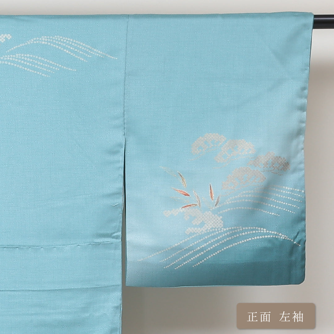訪問着 袷 身丈157cm 裄65cm 正絹 緑系 Aランク 鹿の子 松 刺繍 金彩 1212003553319
