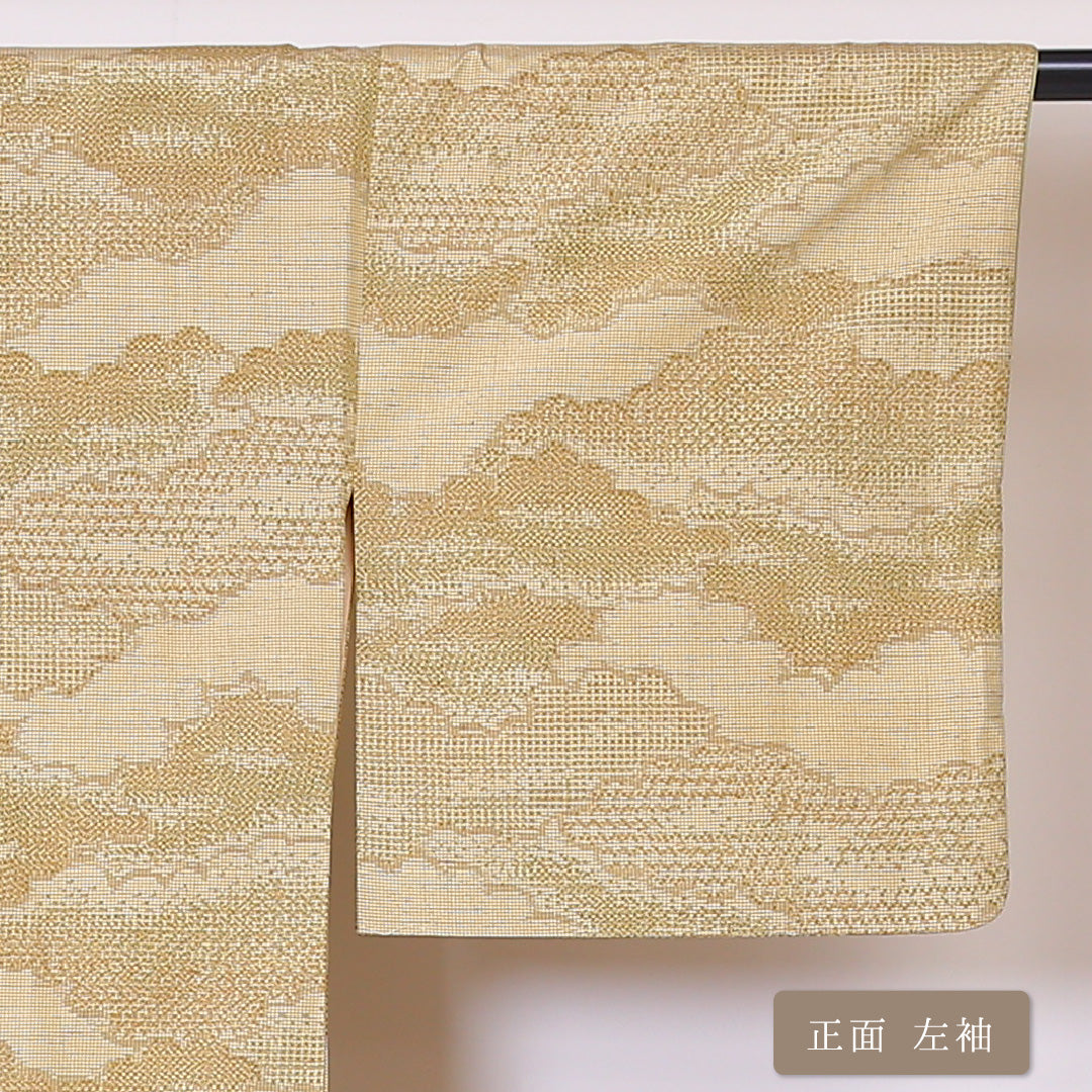 紬 袷 身丈154cm 裄丈65cm 正絹 Aランク Sサイズ 広衿 カジュアル 雲取り ベージュ系 1216-03275