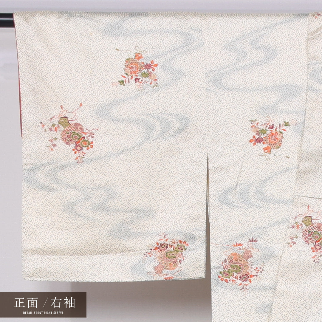 小紋 袷 身丈154cm 裄丈64cm 正絹 Aランク インフォーマル 広衿 Sサイズ 流水 小槌 クリーム系 RP 1221-11442