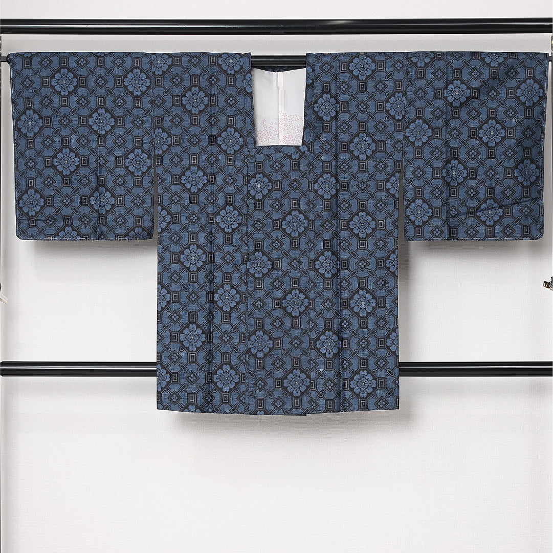 道行コート (村山大島紬) 袷 身丈89cm 裄丈67cm 正絹 Sランク セミフォーマル Mサイズ ポケットあり 蜀江 青系 RP 1237-12712