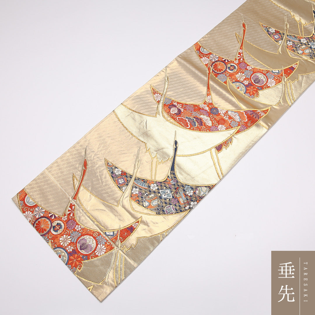 袋帯 帯丈420cm 正絹 六通 フォーマル 佐賀錦 琳派 鶴 古典柄 金系 1243-01001
