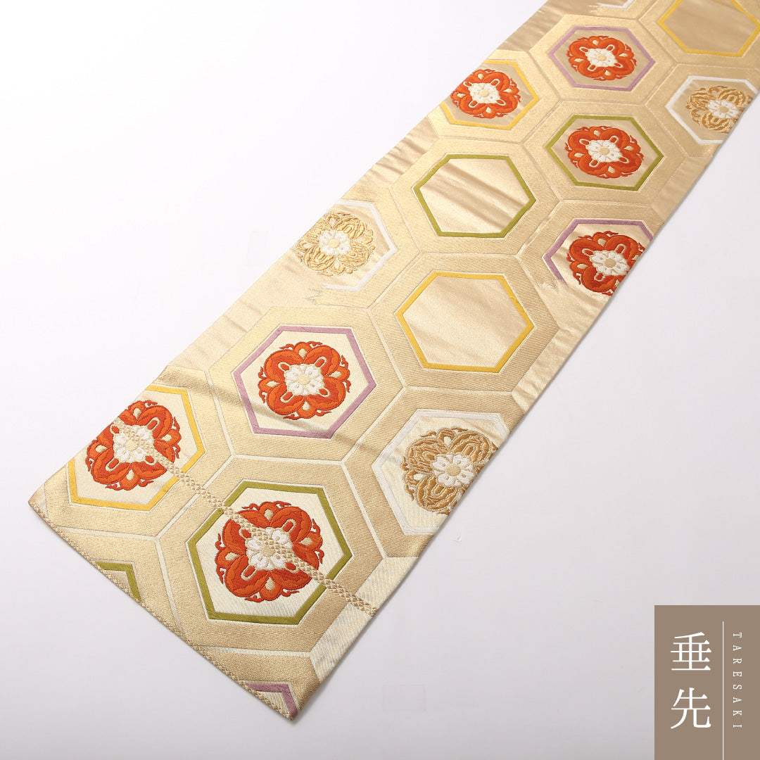 袋帯 帯丈428cm 正絹 六通 フォーマル 唐織 花菱亀甲 金系 1243-01713