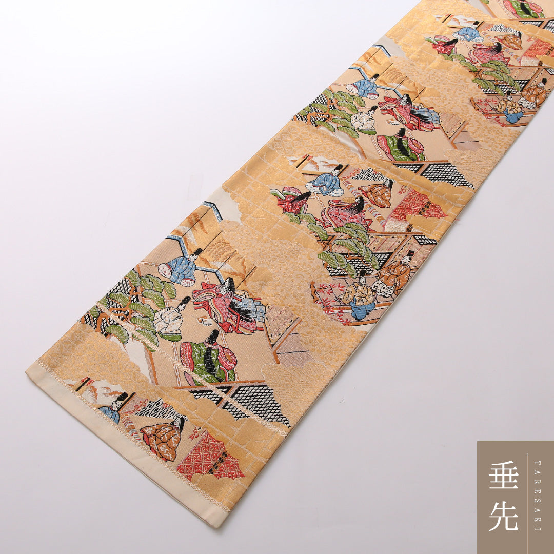 袋帯 帯丈432cm 正絹 六通 フォーマル 源氏物語 平安絵巻 ベージュ系 金系 1243-01636