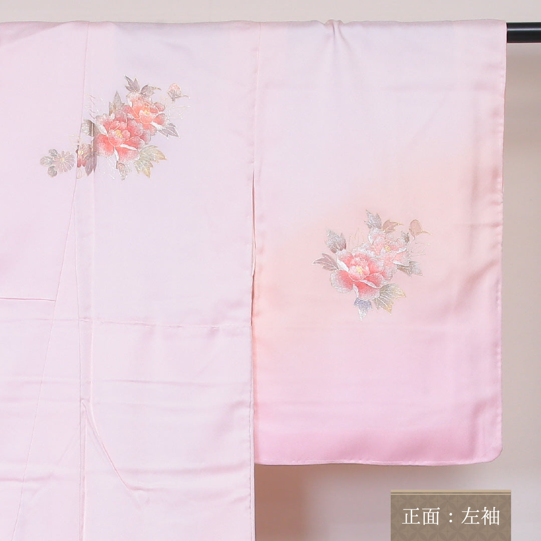 訪問着 袷 身丈160~164cm 裄63cm 正絹 和重 牡丹 流水 作家物 ぼかし ピンク系 画 Sランク 1212-00547