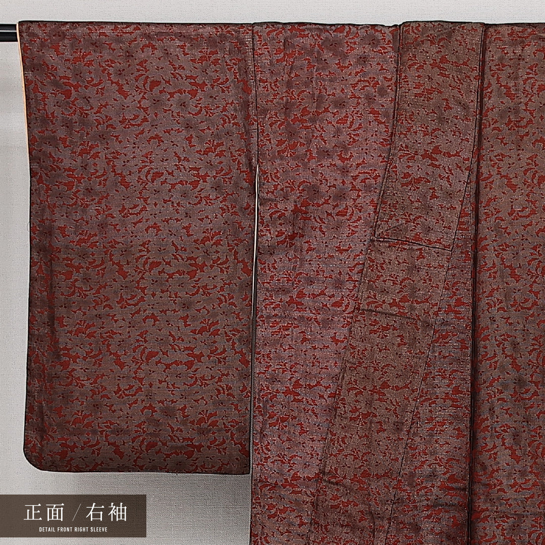 アンティーク 紬 袷 身丈156cm 裄丈60cm 正絹 Bランク 広衿 Mサイズ 花柄 赤系 HP 1223-14358