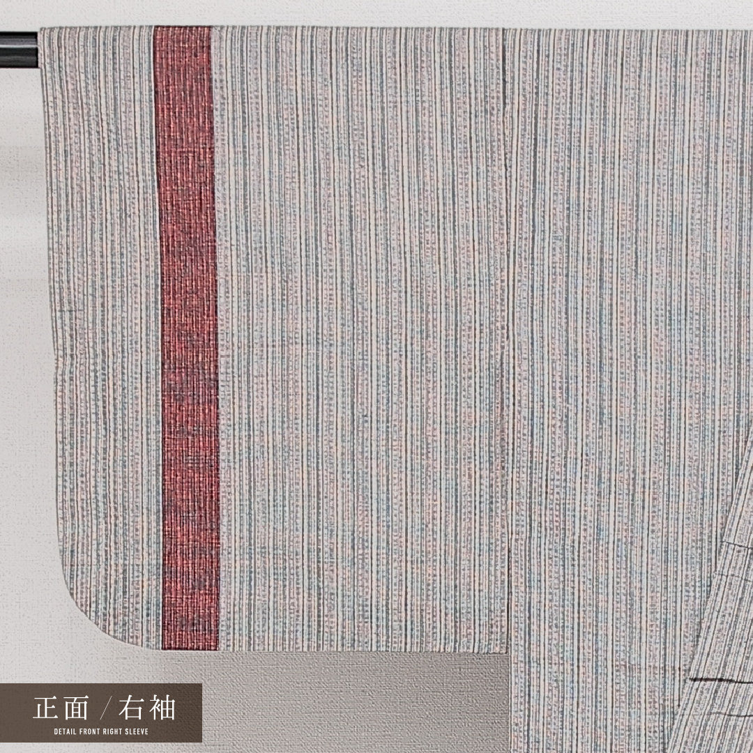 小千谷縮 夏物 洗える着物 身丈149cm 裄丈62cm Sランク 麻 バチ衿 XSサイズ カジュアル 縞 素朴 落ち着き グレー系 1216-14417