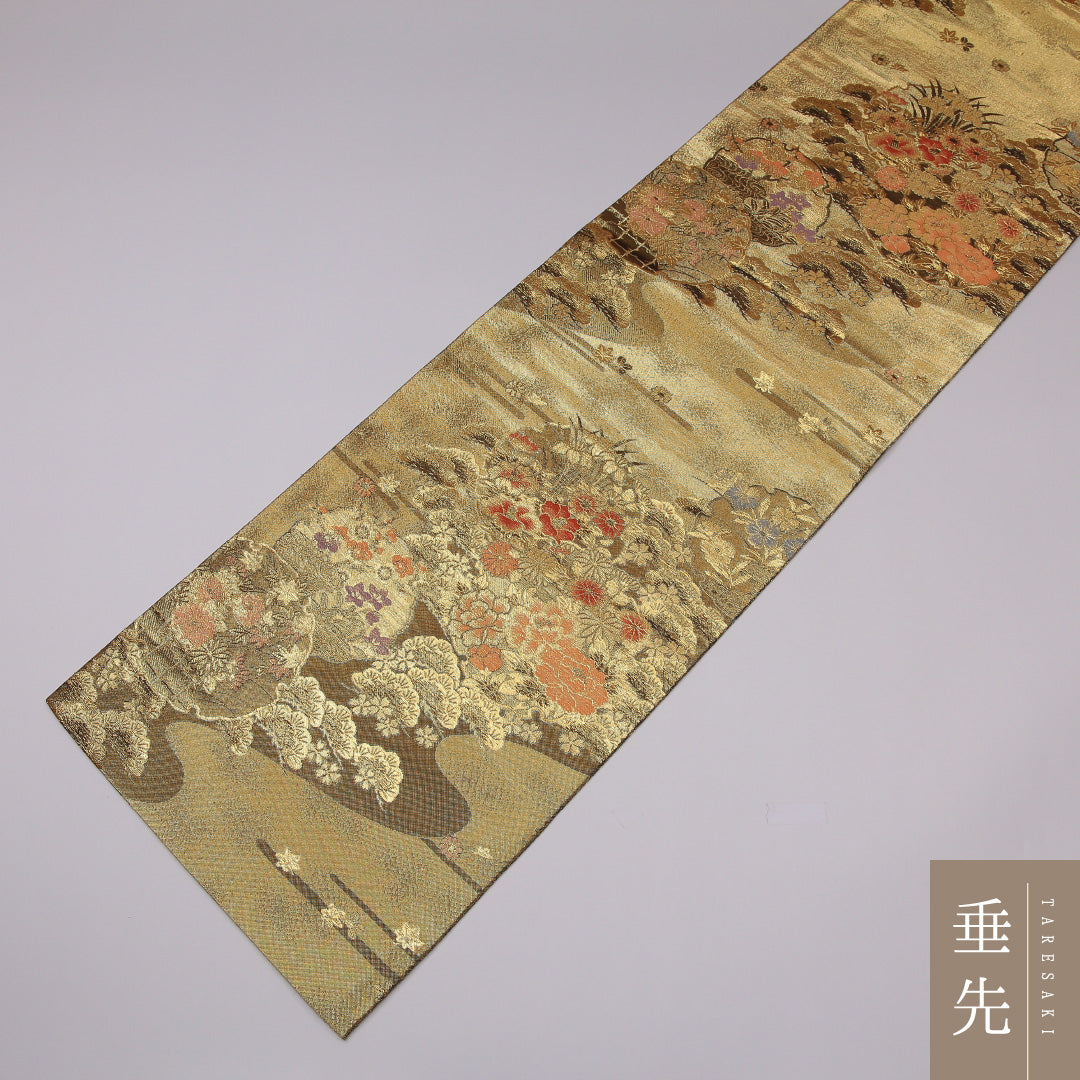 袋帯 帯丈420cm 正絹 六通 フォーマル 道長取り エ霞 四季草花 金系 1243-01154