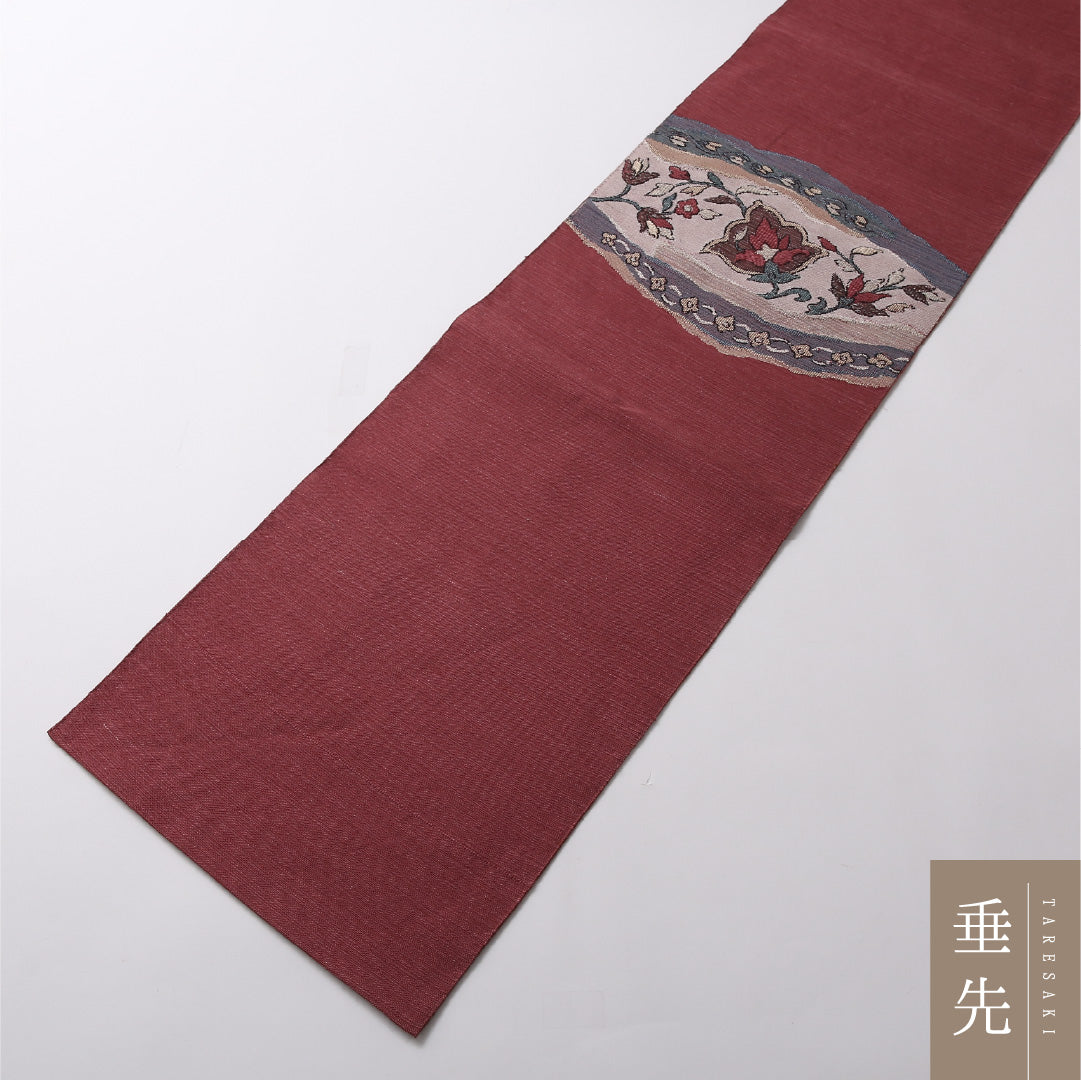 八寸名古屋帯 Sランク 帯丈348cm 正絹 ポイント柄 開き仕立て 織り カジュアル 紬 唐草華文 ピンク系 LP 1245-02885