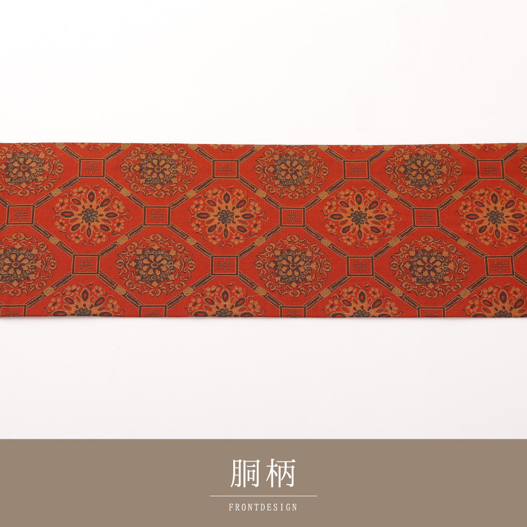 名古屋帯 全通 帯丈357cm カジュアル Sランク 正絹 唐草 蜀江 朱系 1224-02297