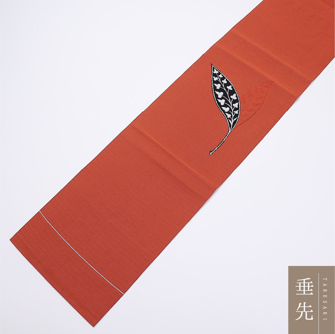 名古屋帯 夏帯 帯丈344cm ポイント柄 松葉仕立て Sランク カジュアル 植物柄 銀糸 絽 正絹 朱系 1224-01354