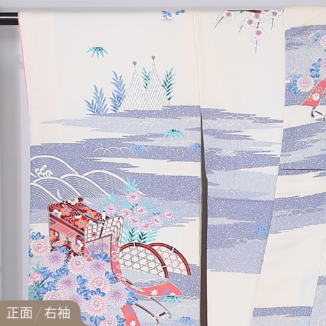 振袖 身丈160cm 裄丈67.5cm Cランク 袷 正絹 S 広衿 御所車 古典柄 菊 牡丹 友禅 菖蒲 白系 1213-F0446