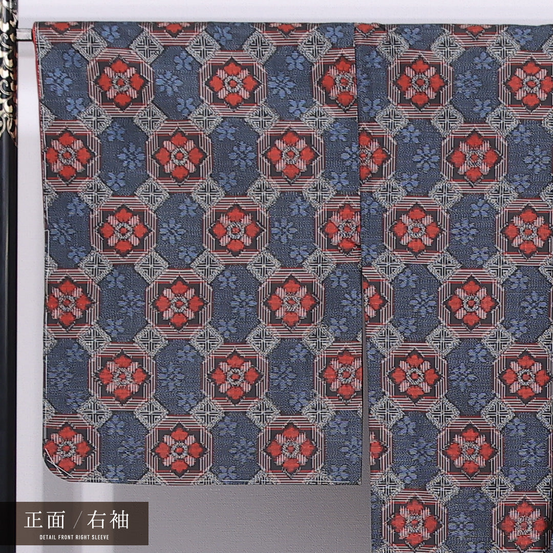大島紬 袷 身丈167cm 裄丈65cm 正絹 Aランク インフォーマル 広衿 XLサイズ 経緯絣 蜀江 紺系 RP 1223-11558