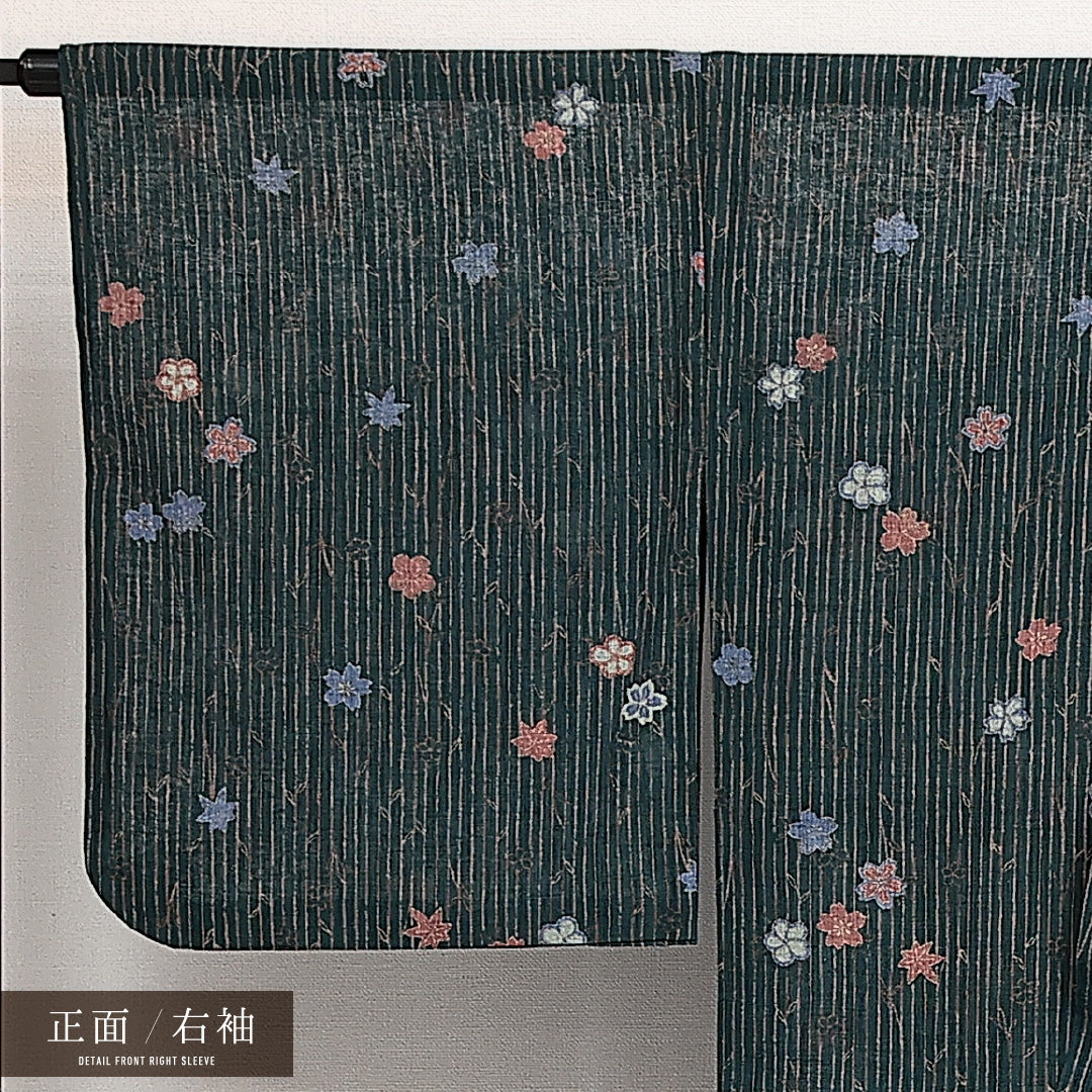 小紋 夏紬 洗える着物 身丈156cm 裄丈65cm Sランク ポリエステル 広衿 Mサイズ カジュアル 桜 紅葉 可憐 しとやか 緑系 1215-14027