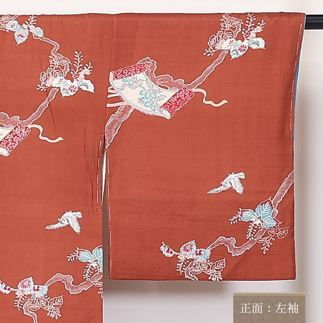 アンティーク 小紋 袷 身丈146cm 裄62cm 正絹 鳥 絵巻 朱系 ちりめん Cランク 1215-02307