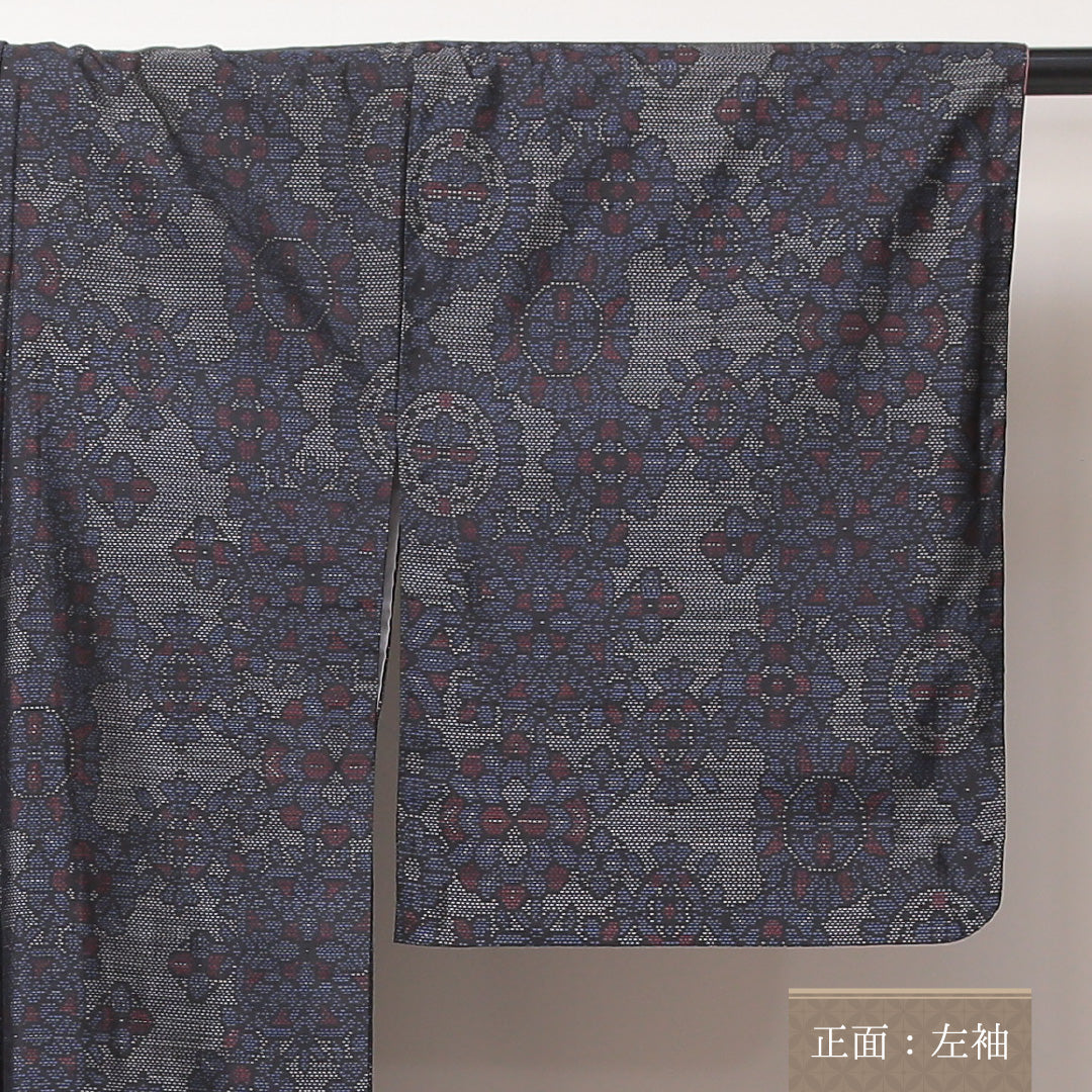 大島紬 袷 身丈154cm 裄62cm 正絹 花柄 紺系 Sランク 1216-01053