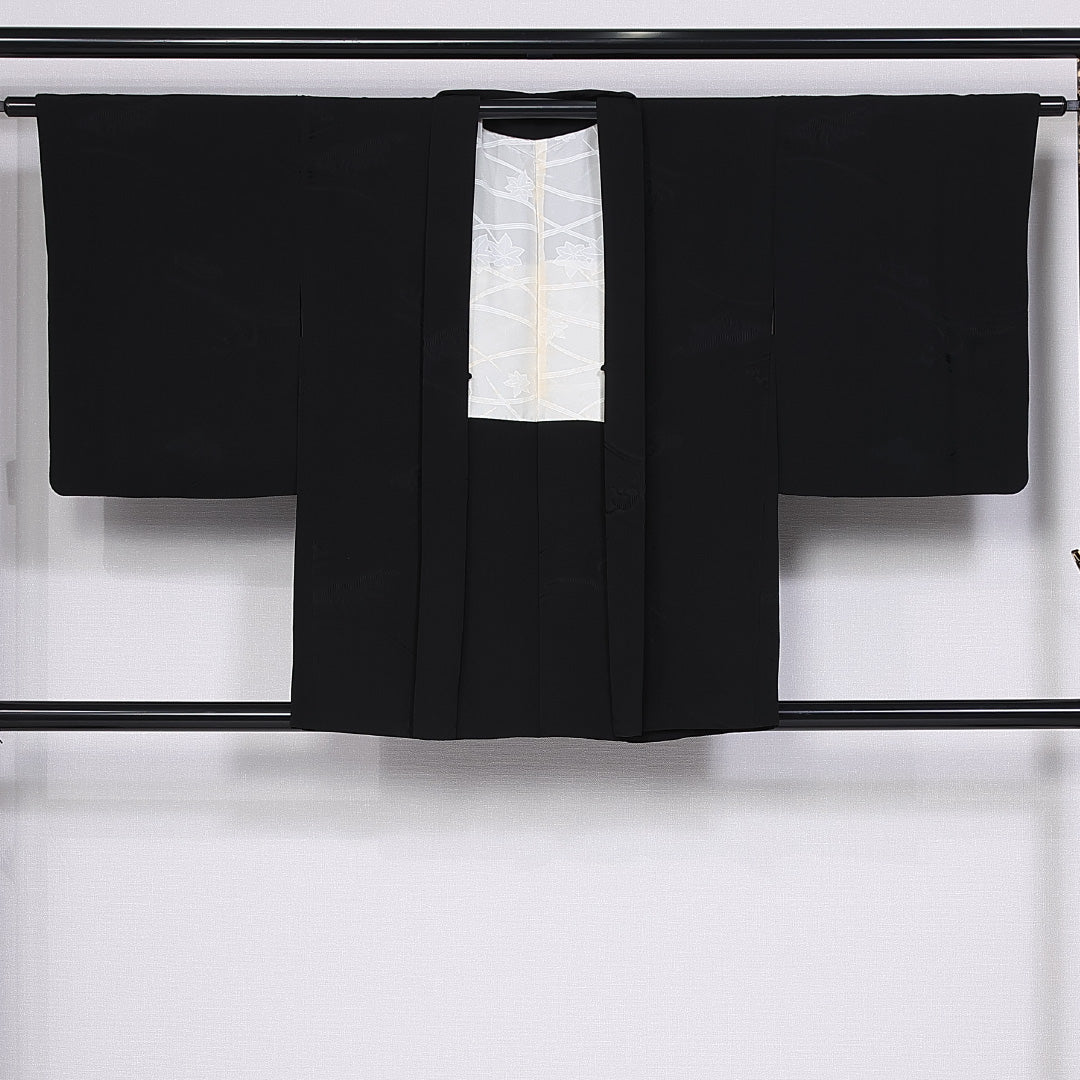 羽織 身丈81cm 裄丈64cm M 正絹 Aランク 袷 一つ紋 四ツ目菱 黒羽織 1217-10612