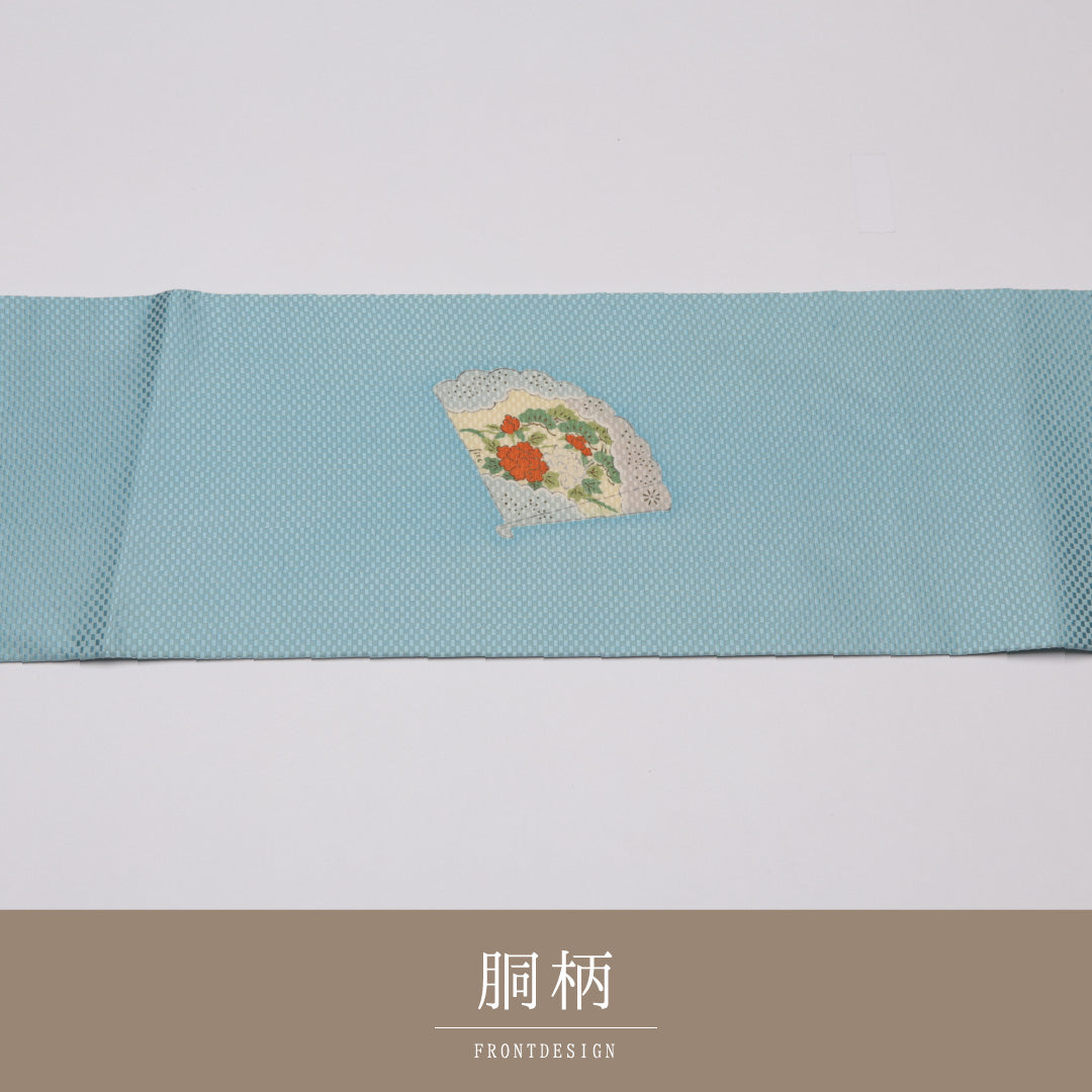 未使用品 九寸名古屋帯 Nランク 帯丈367cm 正絹 ポイント柄 名古屋仕立て 染め インフォーマル 大和美人文 水色系 M4 1245-01504