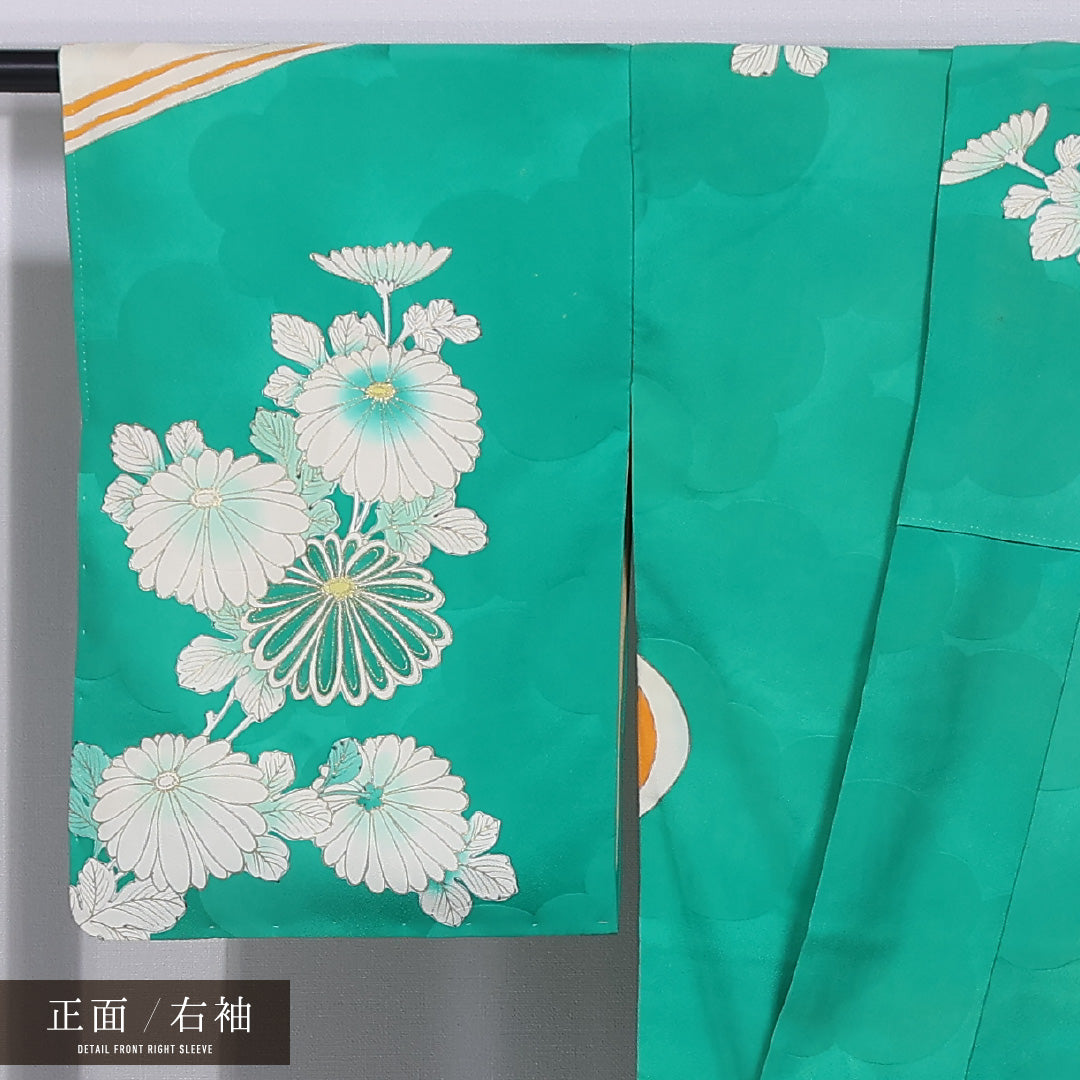 アンティーク 訪問着 袷 身丈162cm 裄丈63cm 正絹 Cランク 一つ紋 (上がり藤に扇子) 広衿 Lサイズ 金駒刺繍 流水 菊 緑系 RP 1217-11687