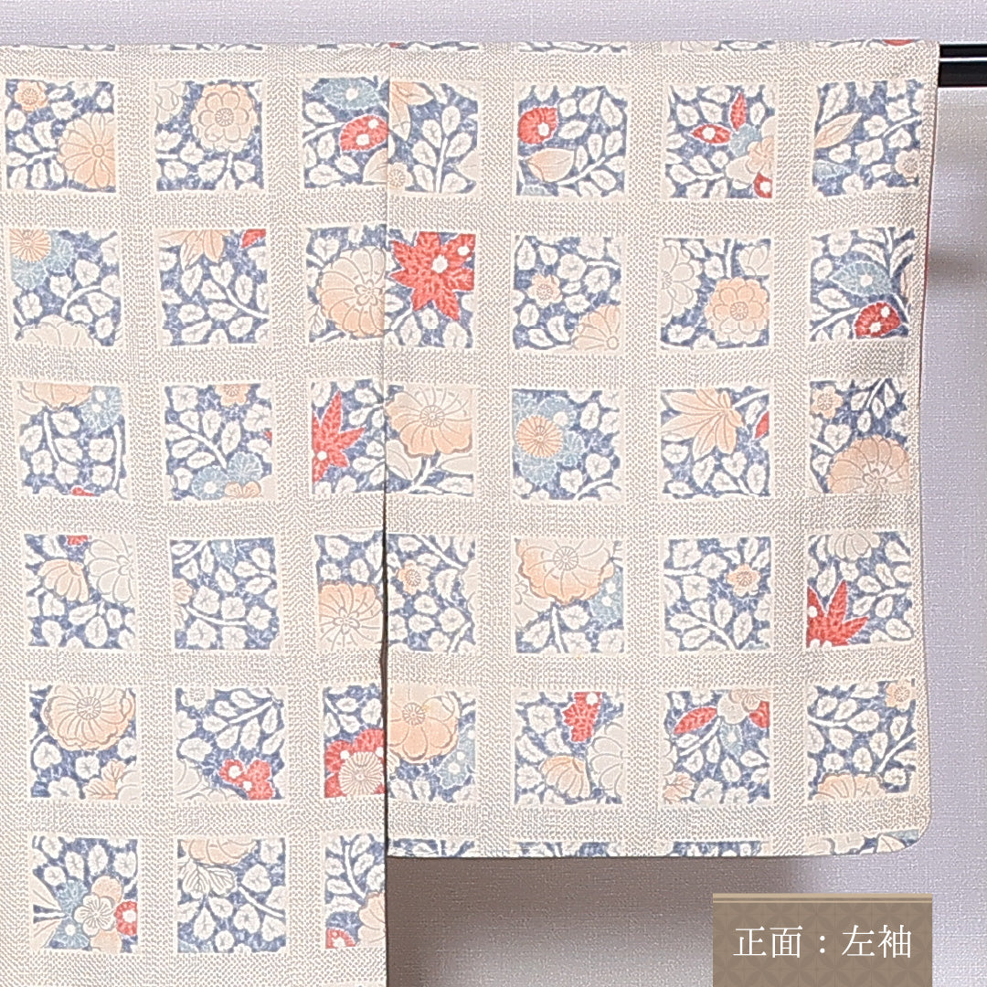 紬 身丈164cm 裄丈63.5cm L 正絹 Cランク 袷 広衿 紬 後染め 絵札 紅葉 桜 菊 梅 1216-10946