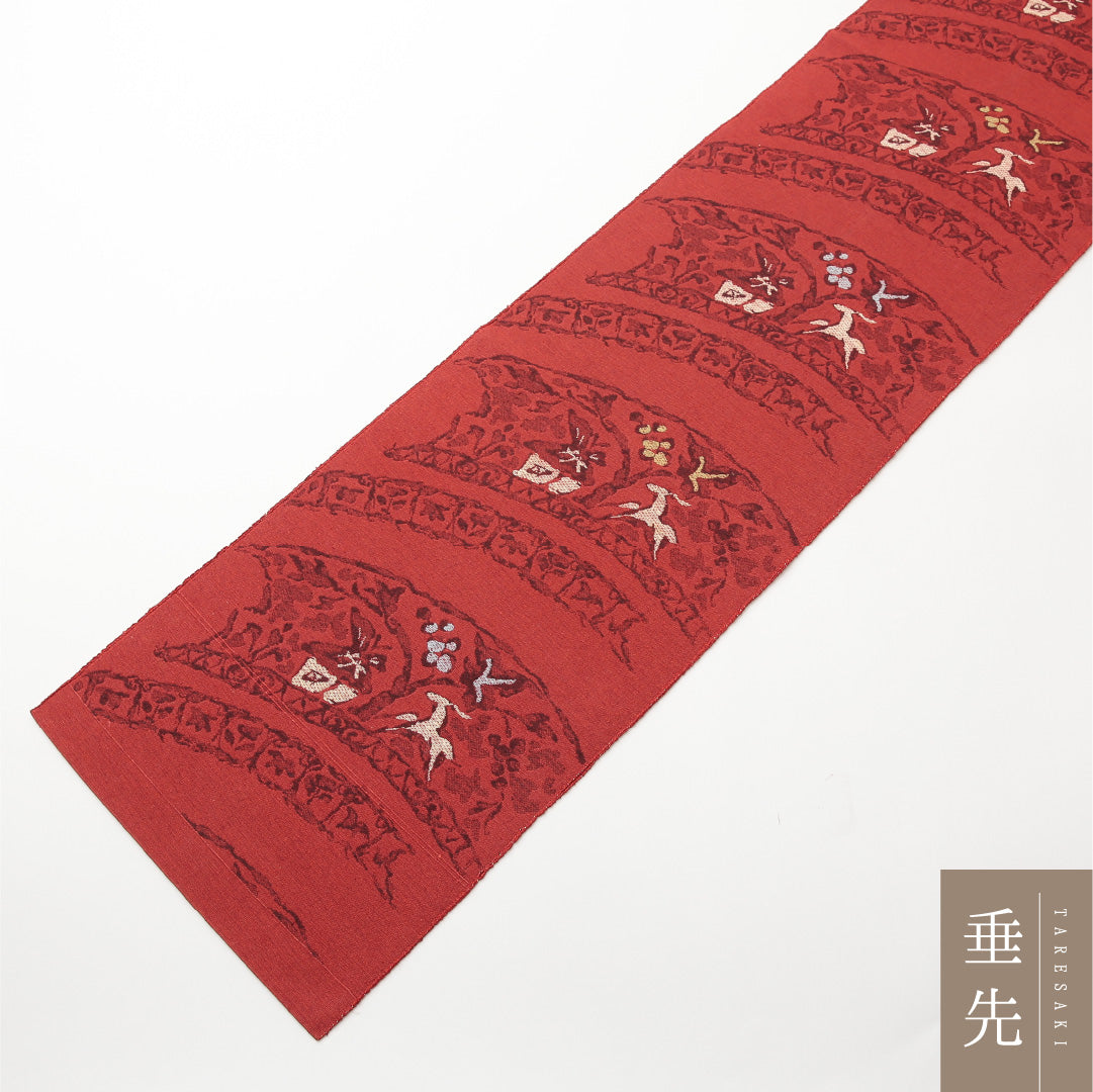 八寸名古屋帯 (夏帯) 帯丈462cm 正絹 六通 開き仕立て 織り カジュアル 紬 鹿 赤系 HP 1245-01982