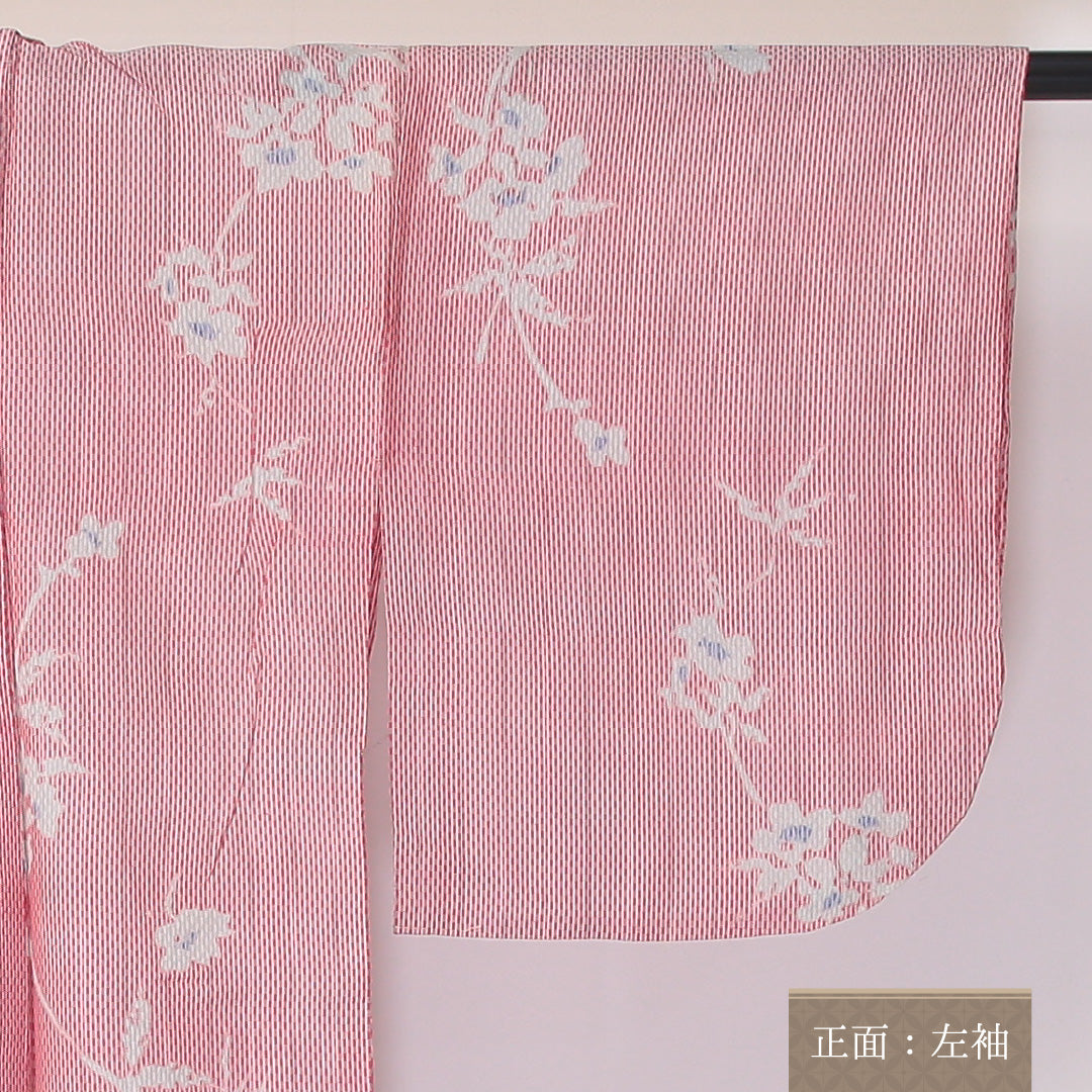紬 夏紬 身丈140cm 裄62cm 正絹 ボタニカル 赤系 Bランク 1216-00976