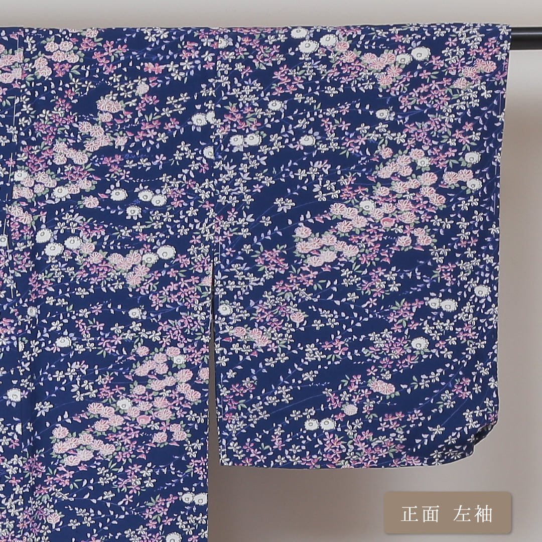 洗える着物 小紋 袷 身丈153cm 裄丈62cm ポリエステル Sランク インフォーマル 広衿 Sサイズ しつけ糸 花柄 青系 RP 1221-01439