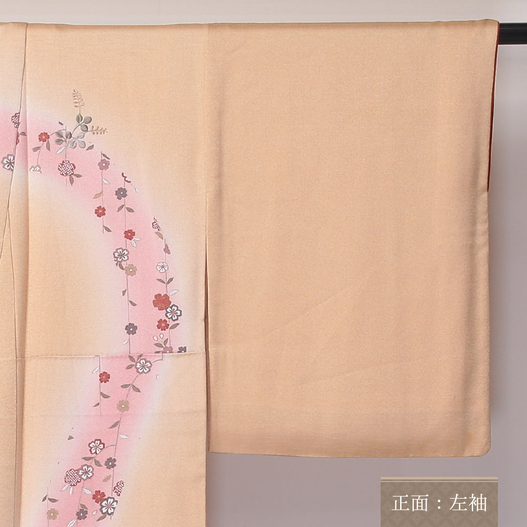 訪問着 袷 身丈160cm 裄丈64cm 正絹 Aランク セミフォーマル 広衿 Lサイズ ぼかし染 金彩 汕頭刺繍 扇 籠目 花柄 クリーム系 RP 1217-04584