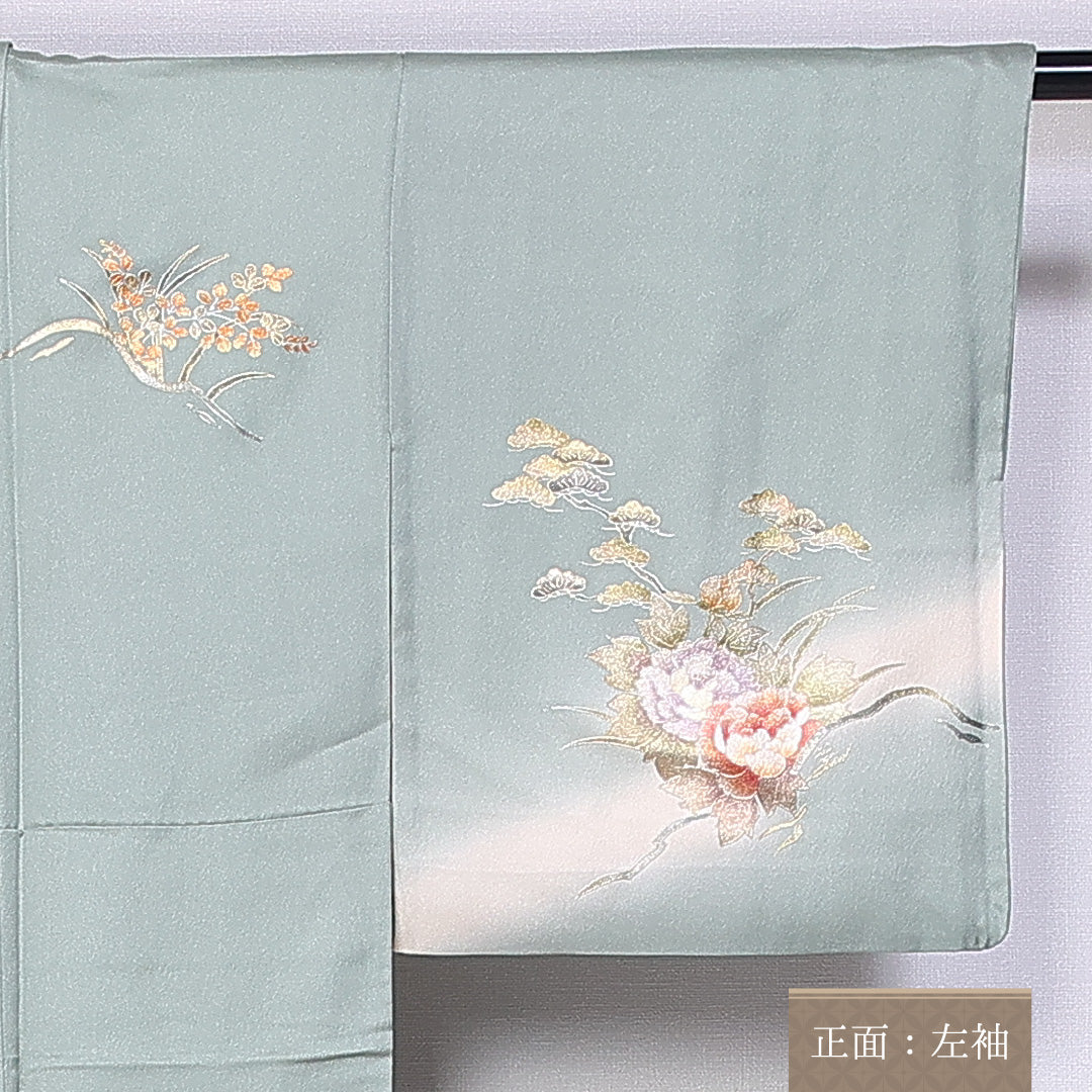訪問着 身丈155cm 裄丈62cm 正絹 Sランク 袷 広衿 笠松 扇子 牡丹 御所車 1212-10224