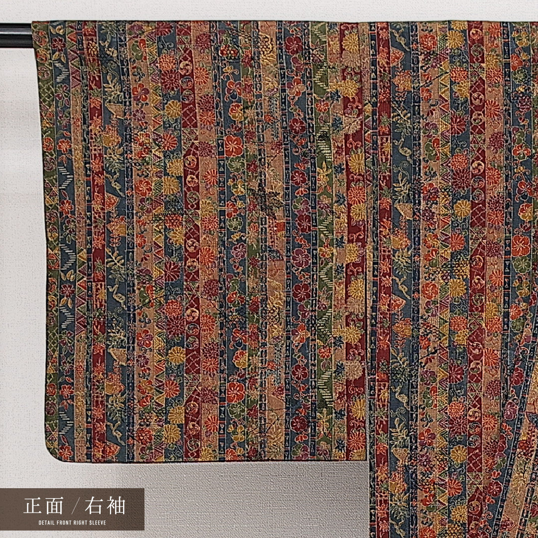紬 単衣 身丈157cm 裄丈62cm 正絹 Sランク カジュアル バチ衿 Mサイズ 染め紬 肩当て 唐華 茶系 RP 1223-14337